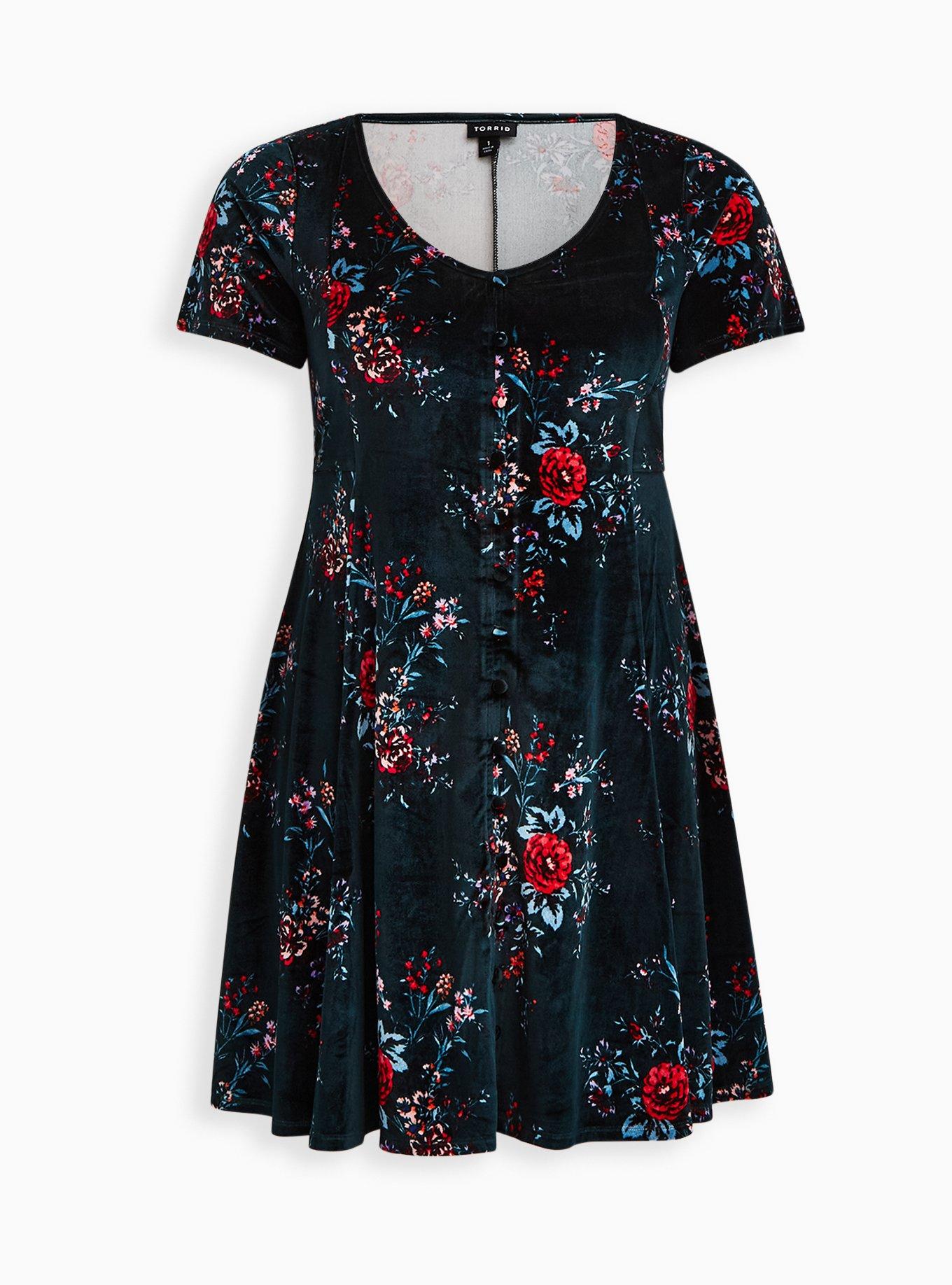 Plus Size Mini Velvet Skater Dress, FLORAL GREEN, hi-res