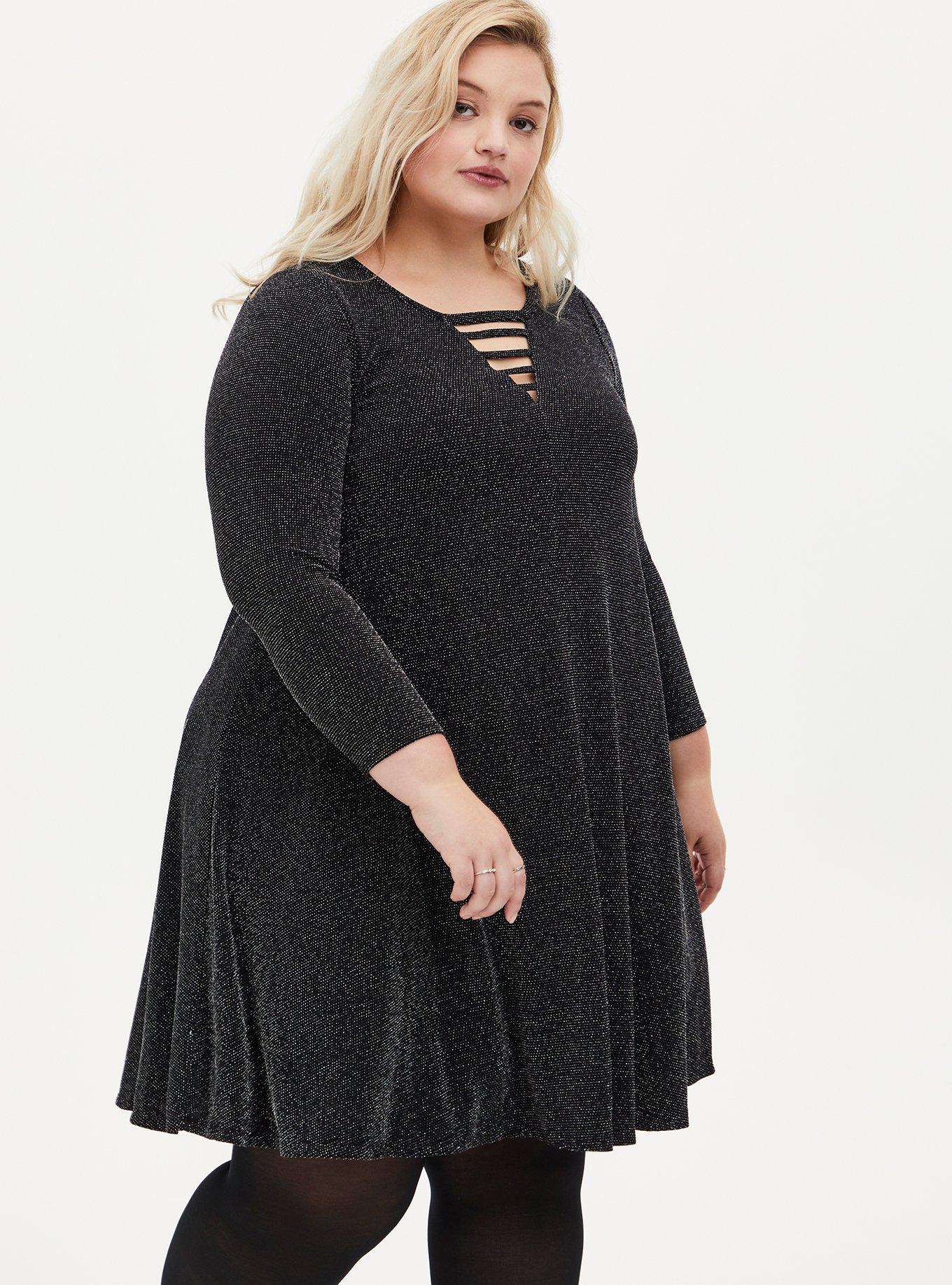 Plus Size Black Shimmer Jersey Ladder Neck Mini Trapeze Dress, BLACK SILVER, alternate