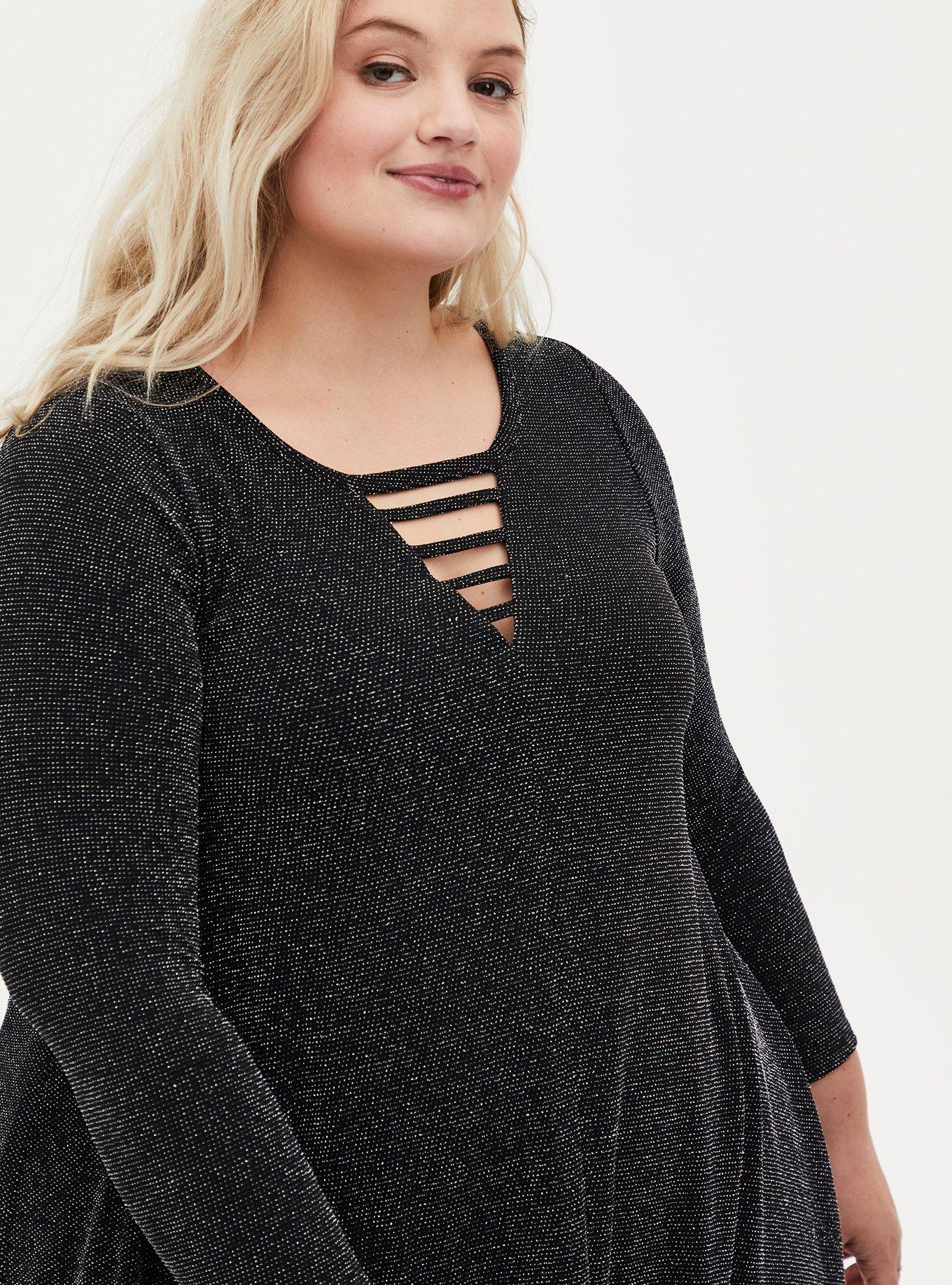Plus Size Black Shimmer Jersey Ladder Neck Mini Trapeze Dress, BLACK SILVER, alternate