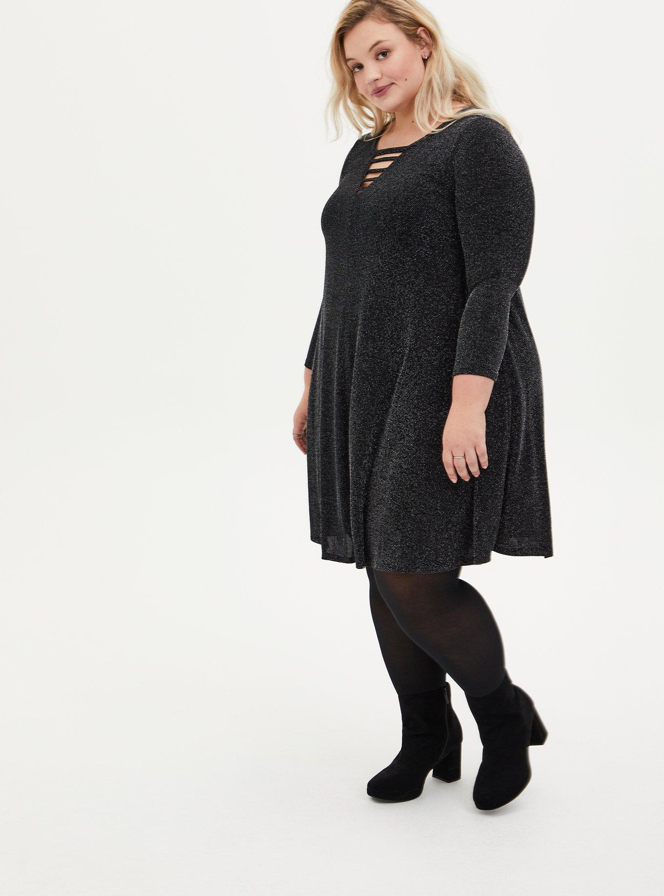 Plus Size Black Shimmer Jersey Ladder Neck Mini Trapeze Dress, BLACK SILVER, alternate