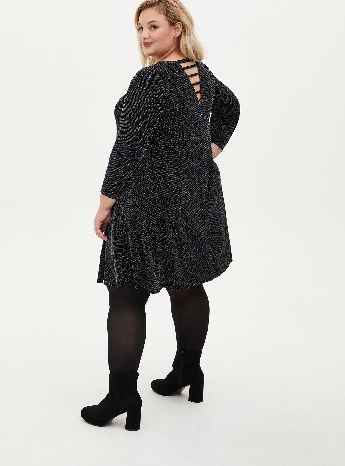 Black Shimmer Jersey Ladder Neck Mini Trapeze Dress, , hi-res