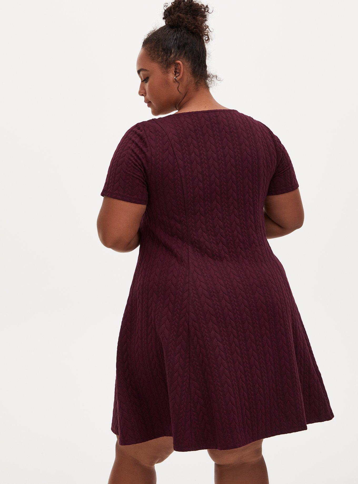Plus Size Burgundy Purple Cable Knit Fluted Dress, WINETASTING, alternate