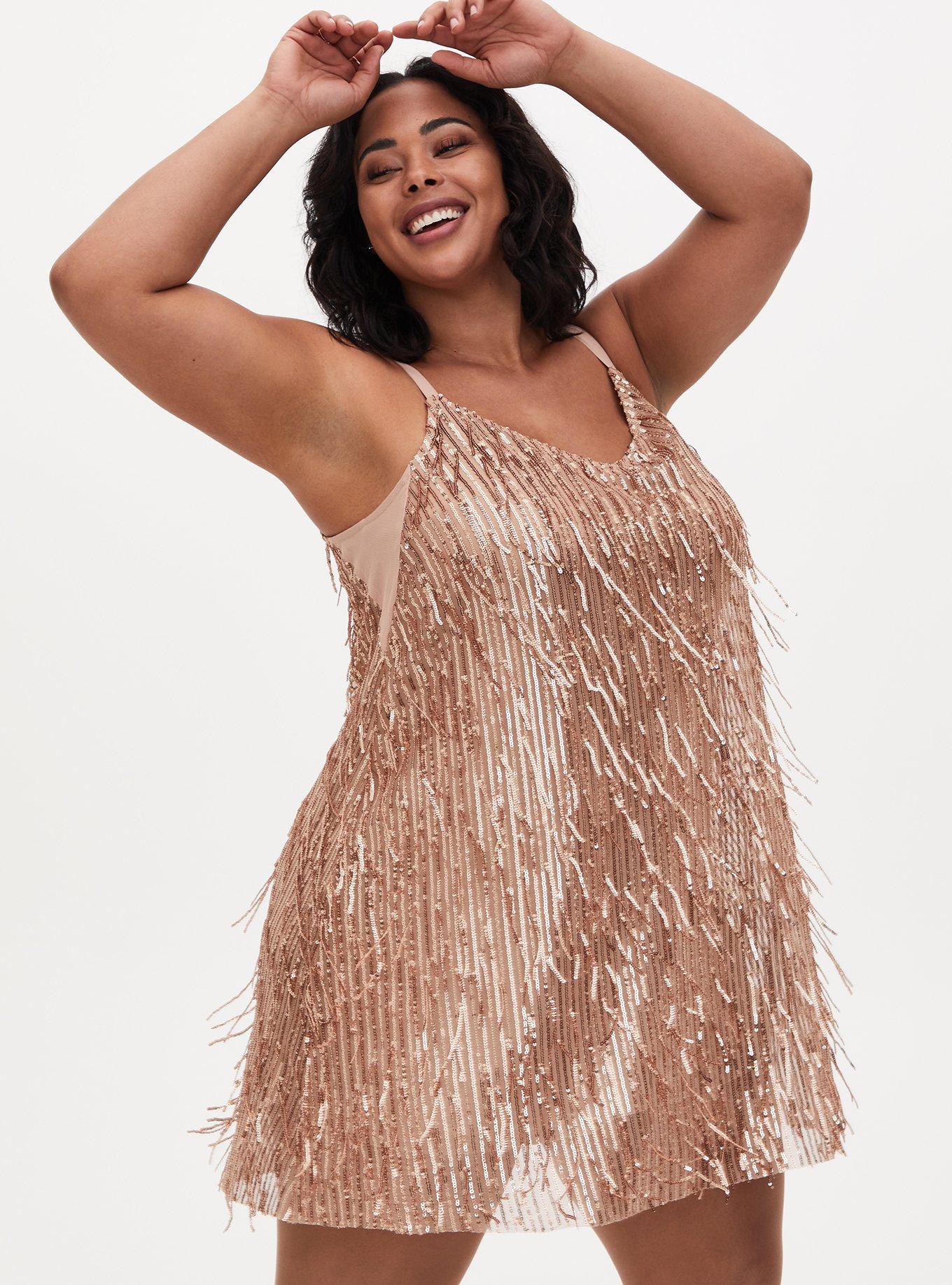 Plus Size - Fringe Mini Dress - Gold Shimmer - Torrid