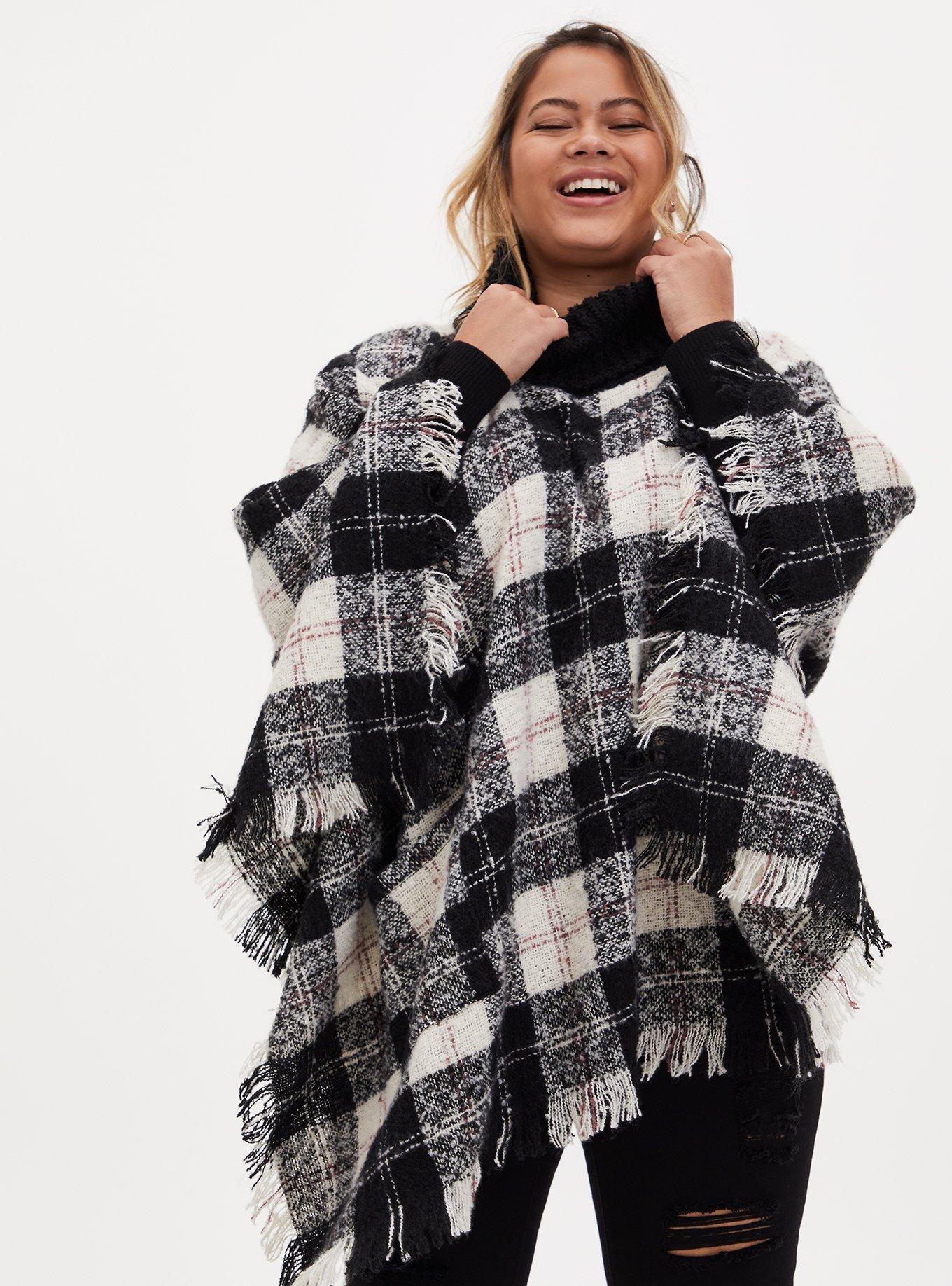 New Women's outlets Buffalo Plaid Poncho Blanket Turtleneck Pullover Sweater - Black Grey Western Vintage Inspired ~ Fits Sizes Small to XL