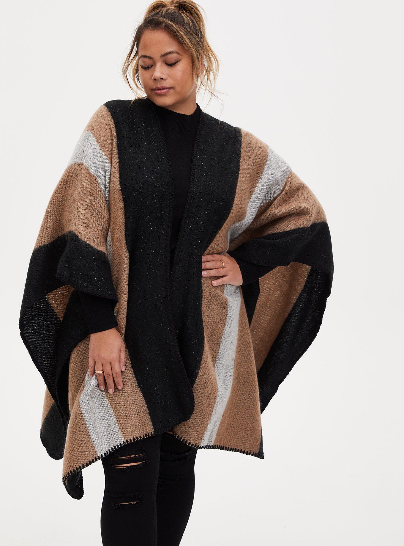 Plus Size Black & Beige Stripe Shimmer Ruana, , alternate