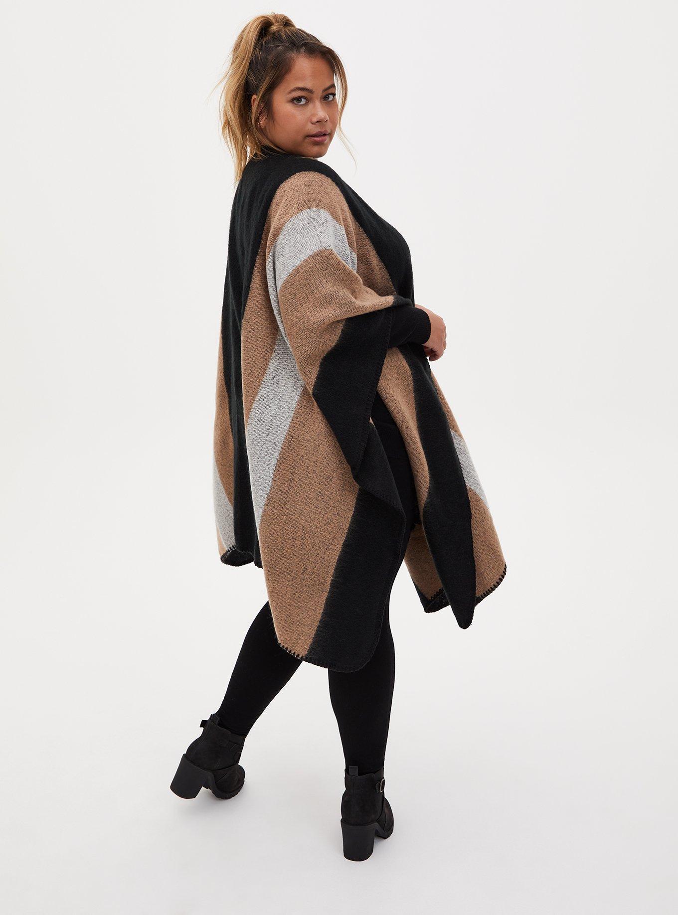 Plus Size Black & Beige Stripe Shimmer Ruana, , alternate