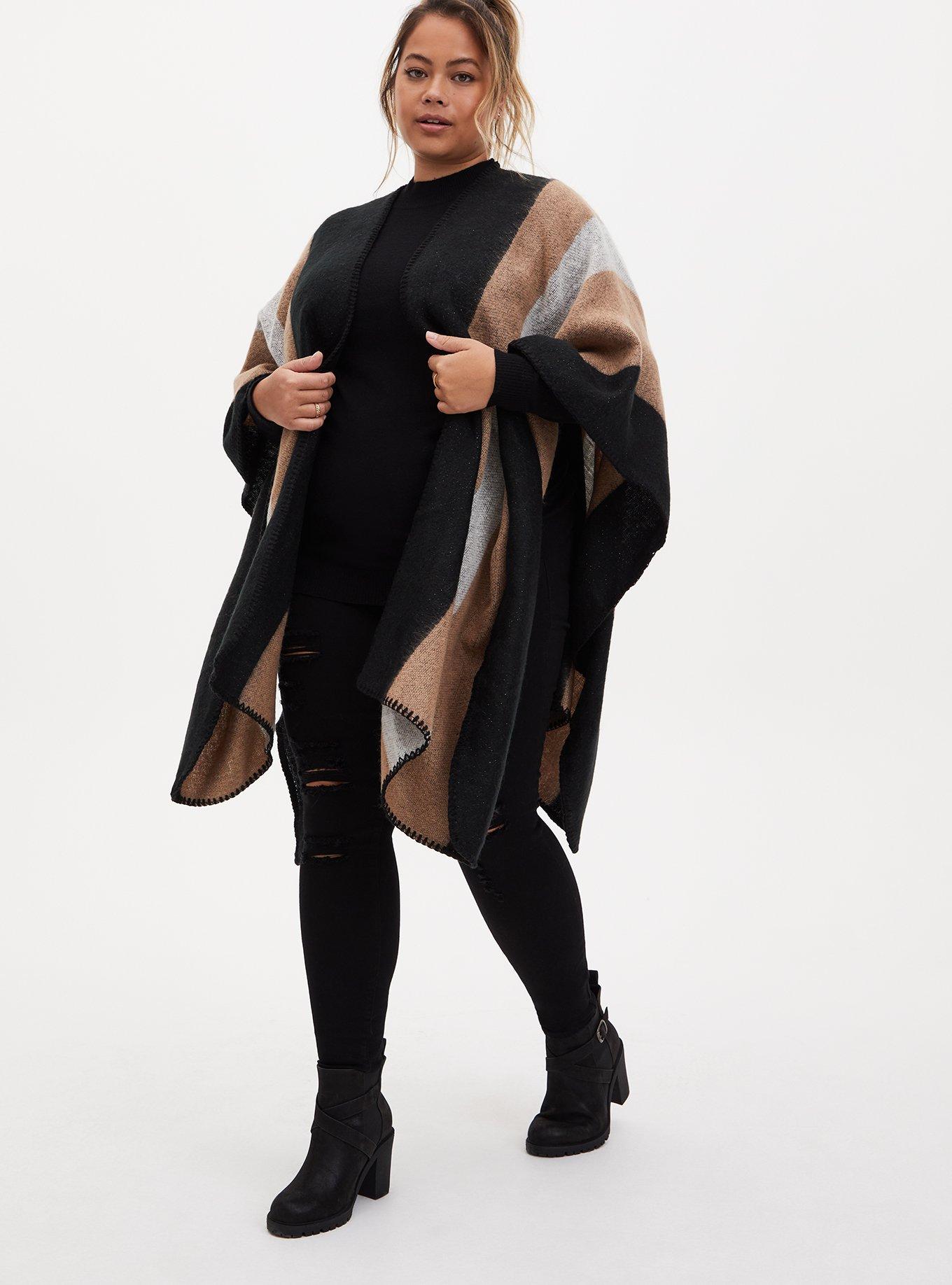 Plus Size Black & Beige Stripe Shimmer Ruana, , hi-res