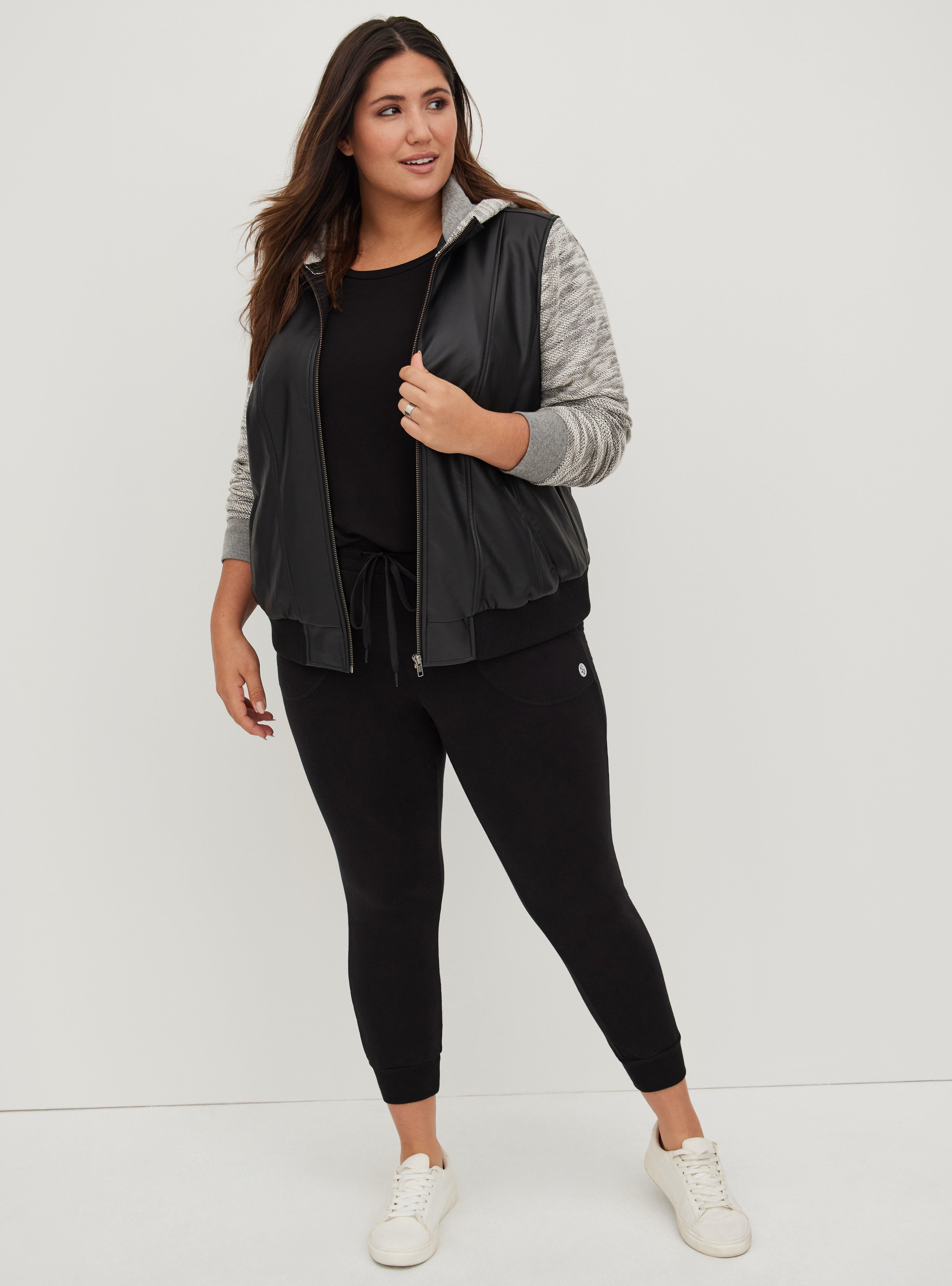 Plus Size - Black Faux Leather & Marled Grey Terry Bomber Jacket - Torrid