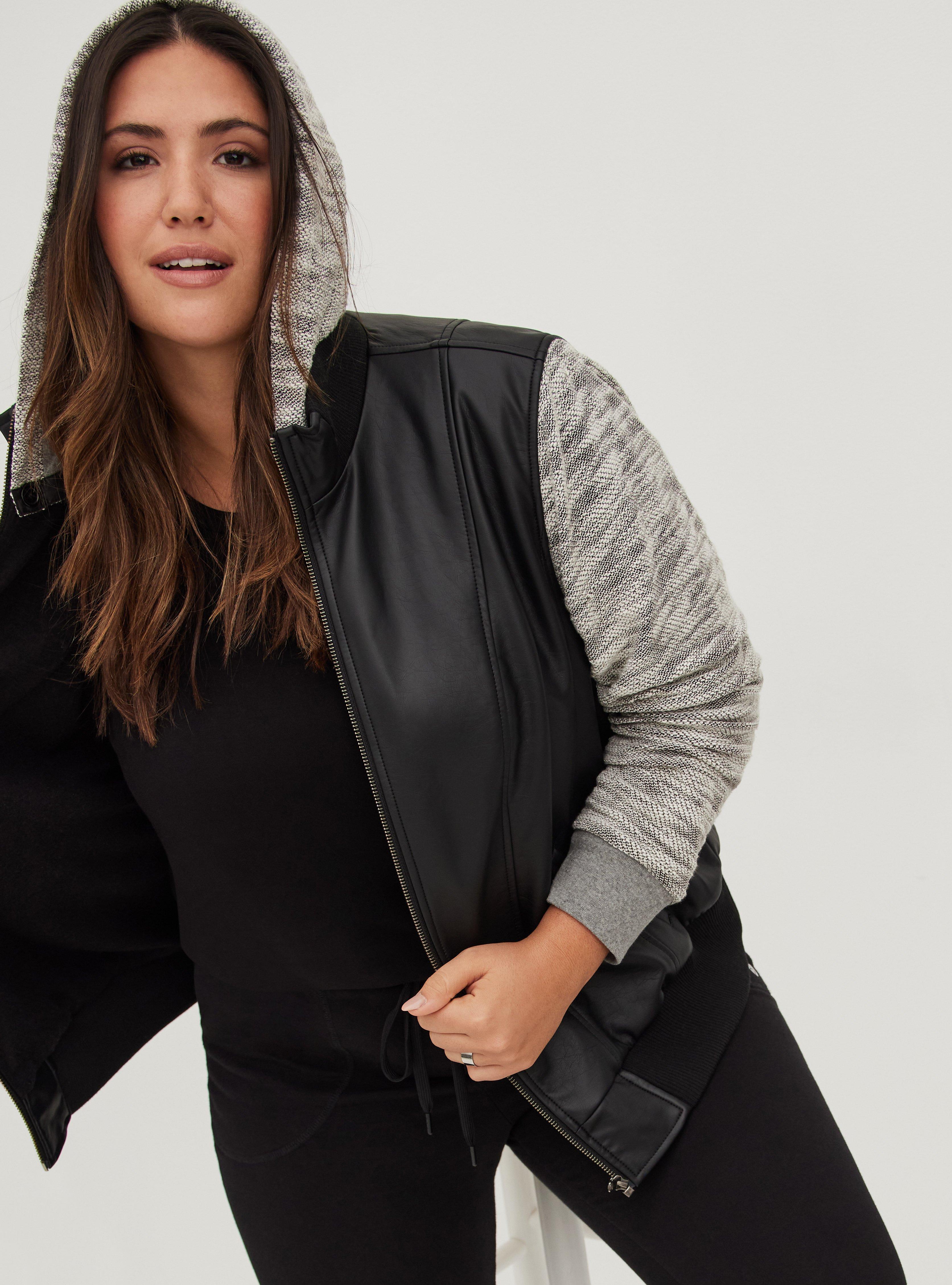 Plus Size - Black Faux Leather & Marled Grey Terry Bomber Jacket - Torrid