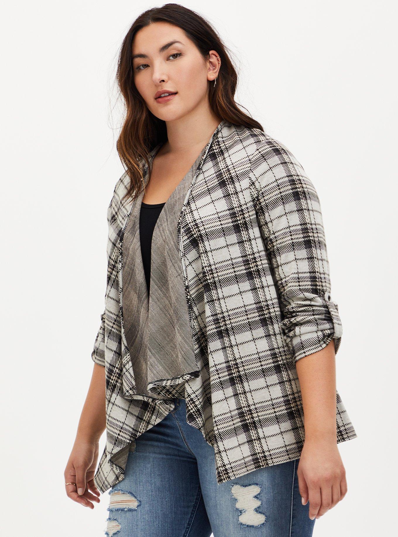Plus Size Black & Ivory Plaid Drape Jacket, PLAID IVORY, alternate