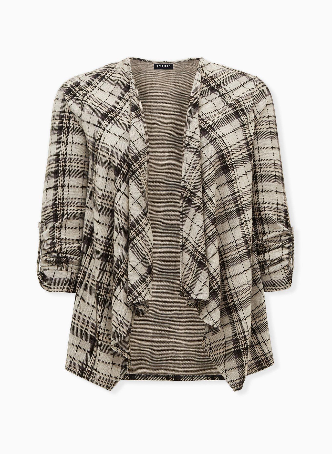 Plus Size Black & Ivory Plaid Drape Jacket, PLAID IVORY, hi-res