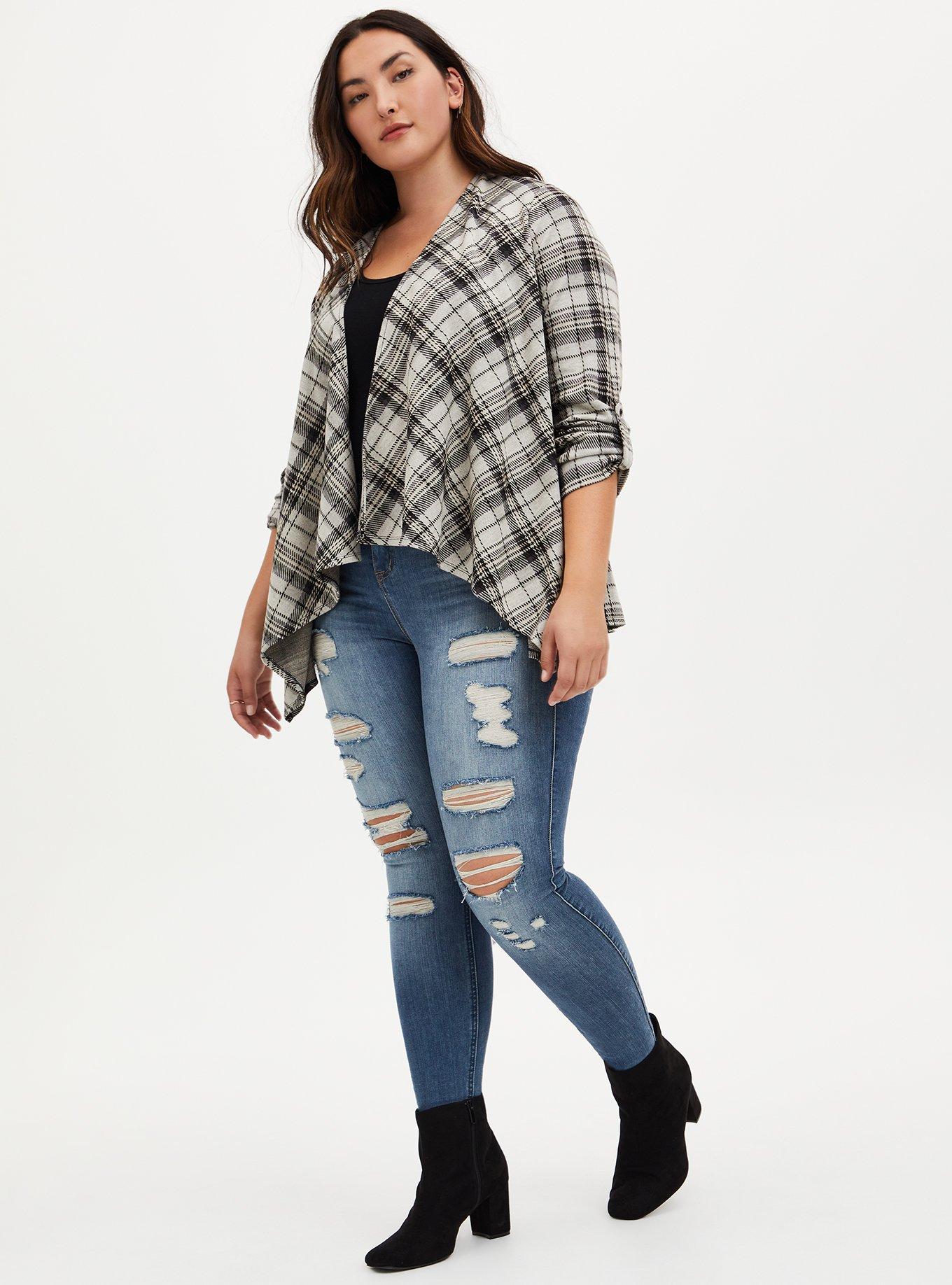 Plus Size Black & Ivory Plaid Drape Jacket, PLAID IVORY, hi-res