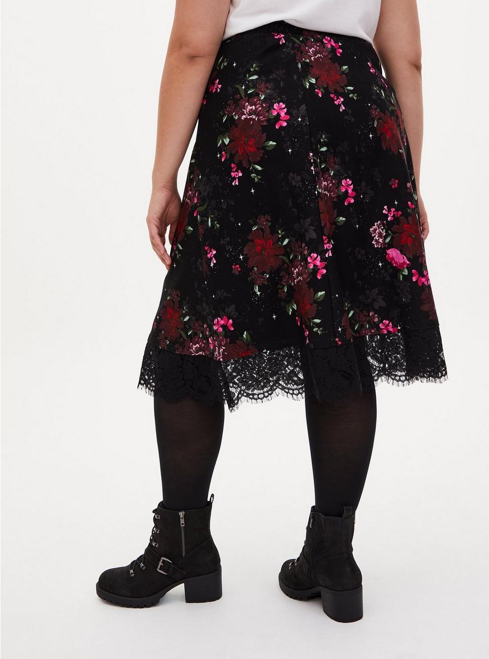 Plus Size - Black Floral Premium Ponte Lace Midi Skirt - Torrid