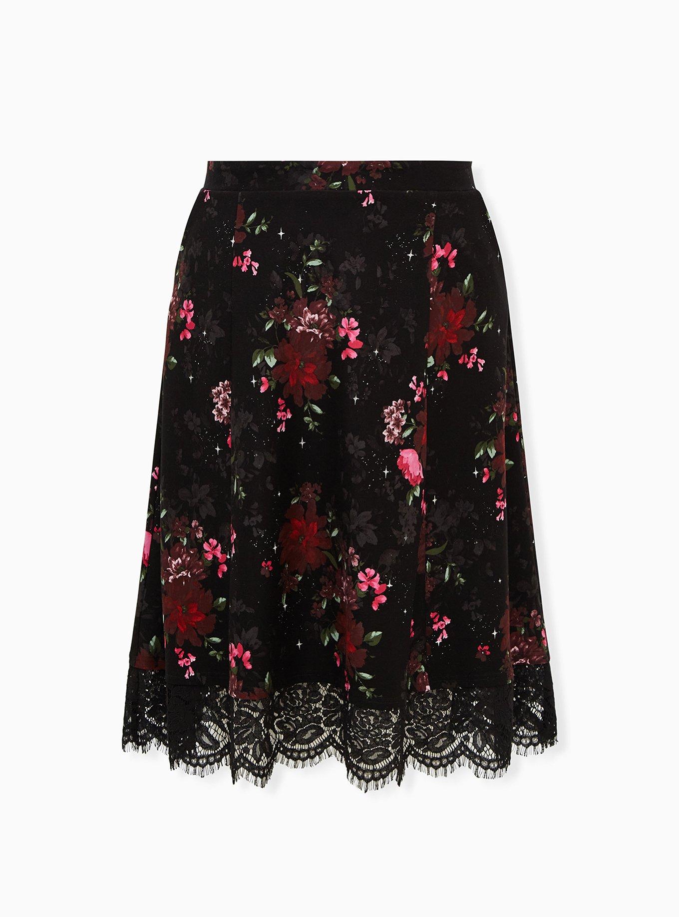 Torrid Women’s Plus Size 2 Floral Print Line Black Full Midi Skirt