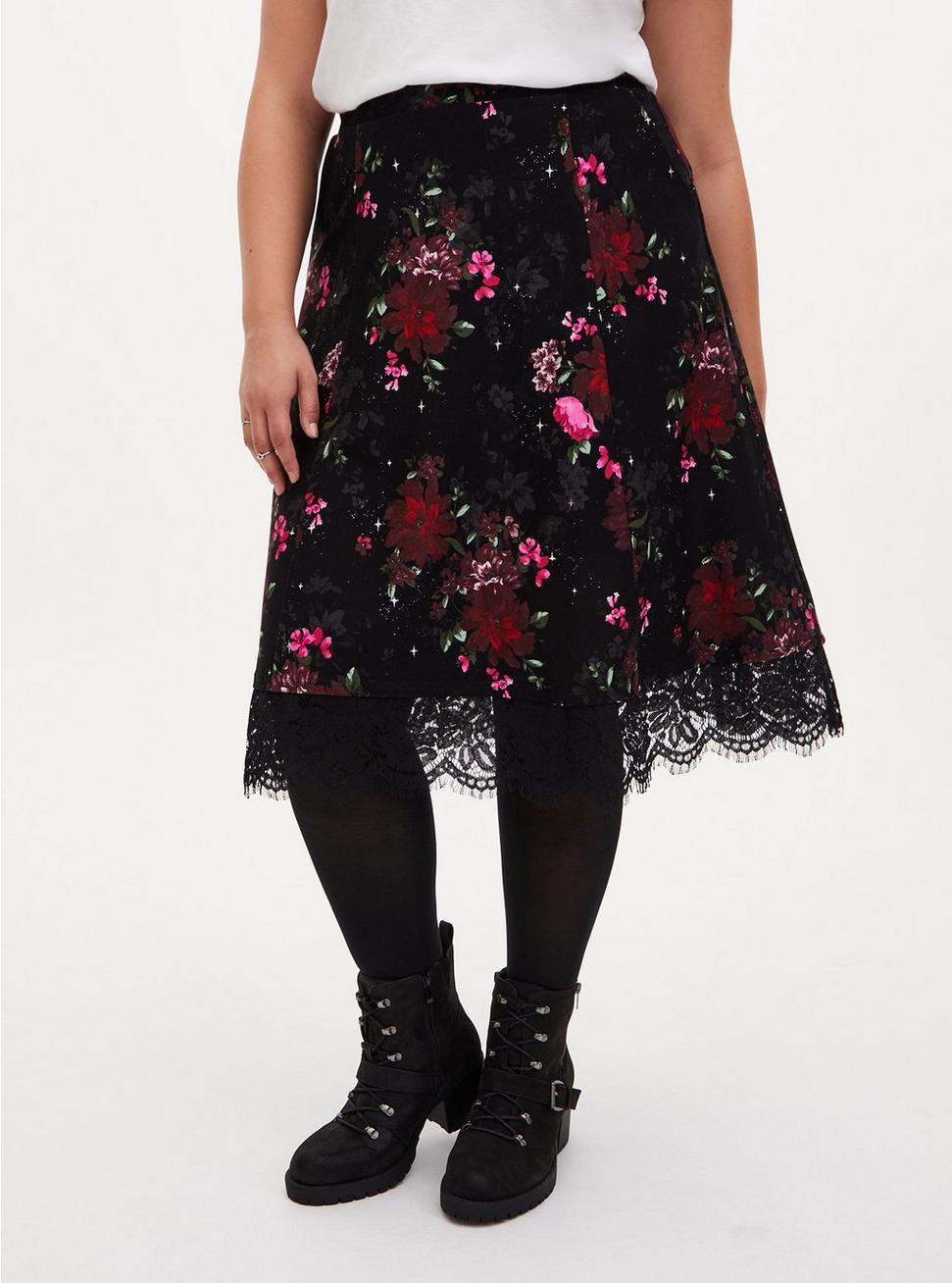 Plus Size - Black Floral Premium Ponte Lace Midi Skirt - Torrid