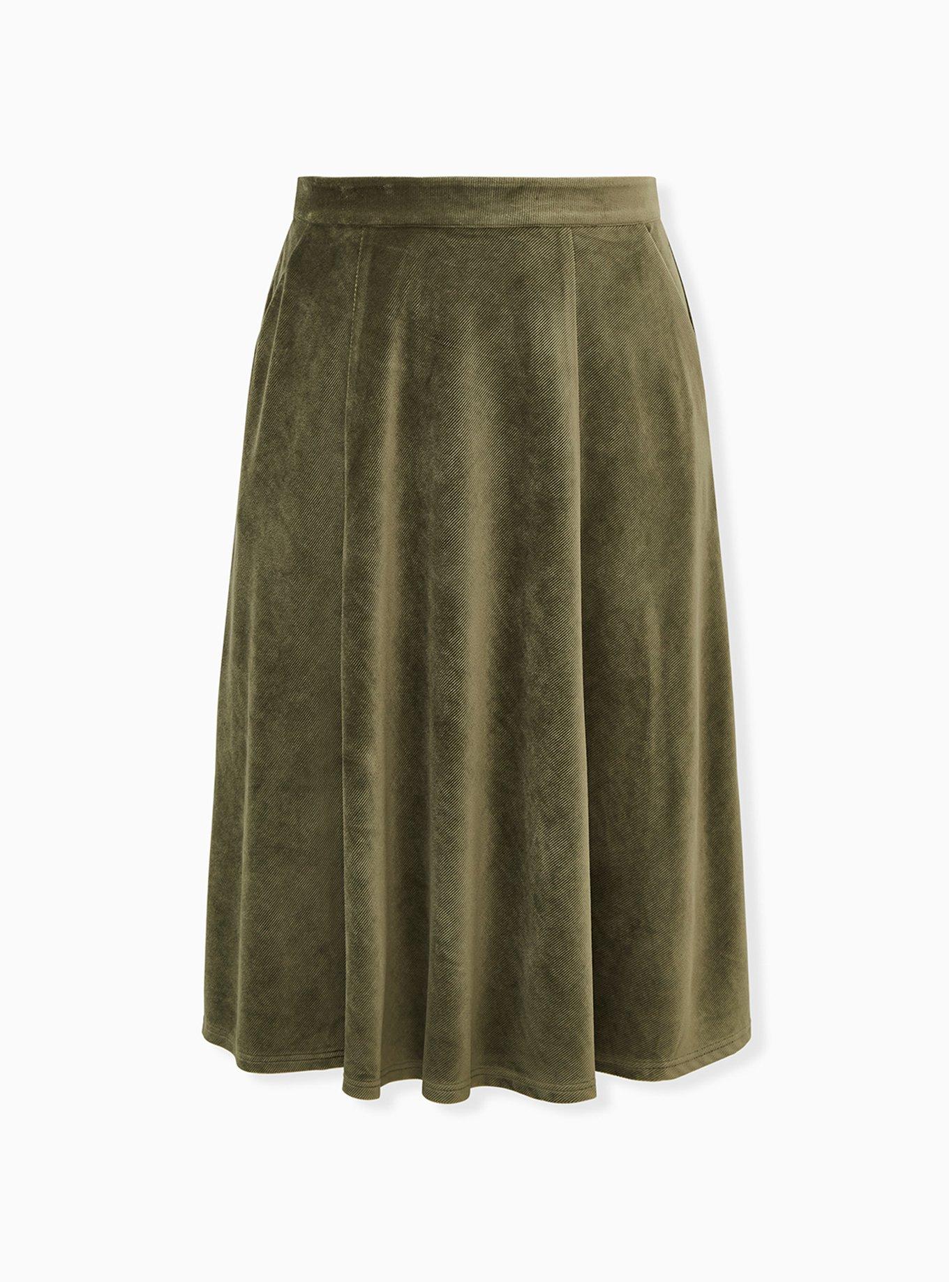 Olive Green Textured Midi Skirt, , hi-res