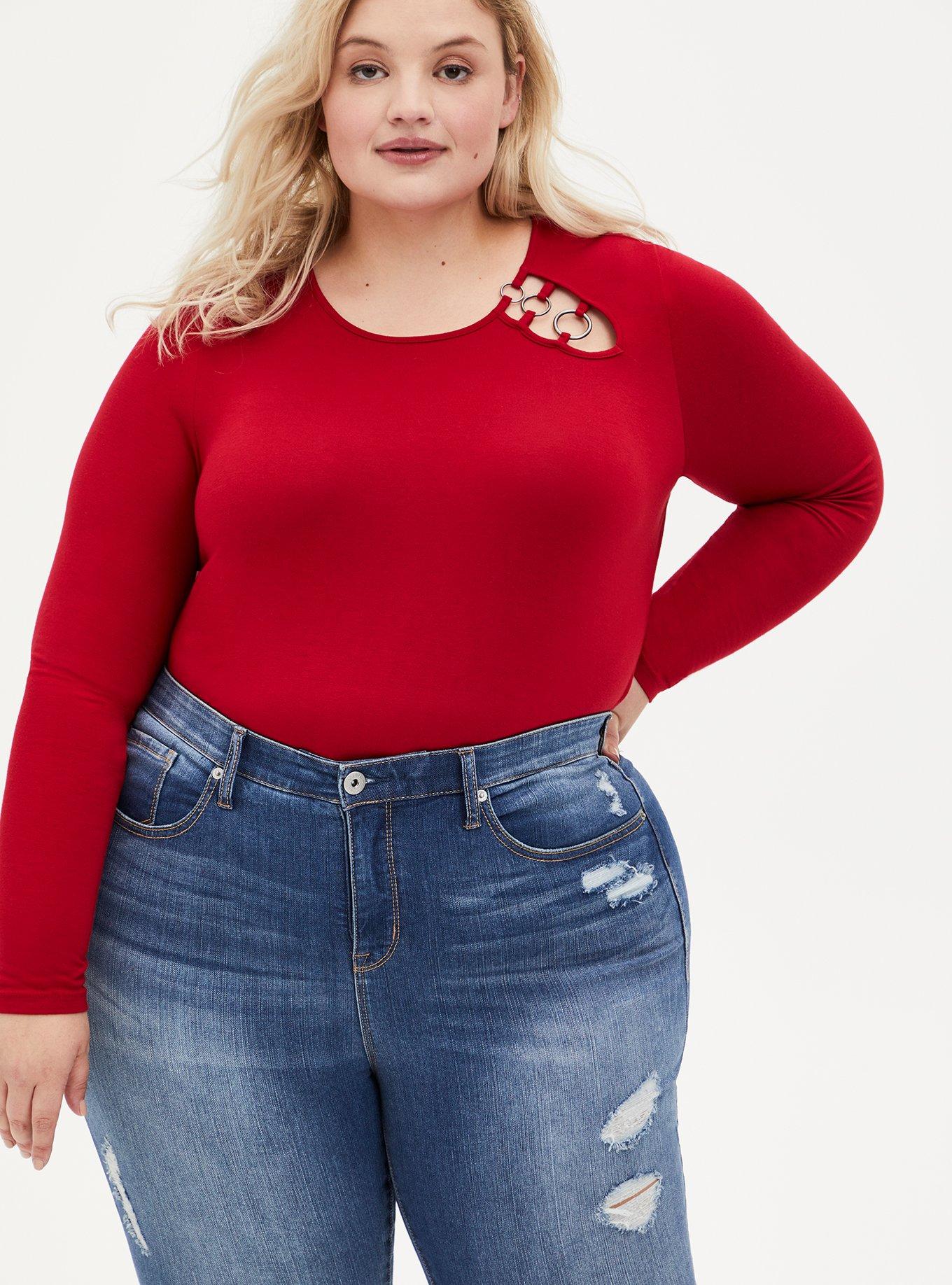 Plus Size Super Soft O-Ring Long Sleeve Top, JESTER RED, alternate