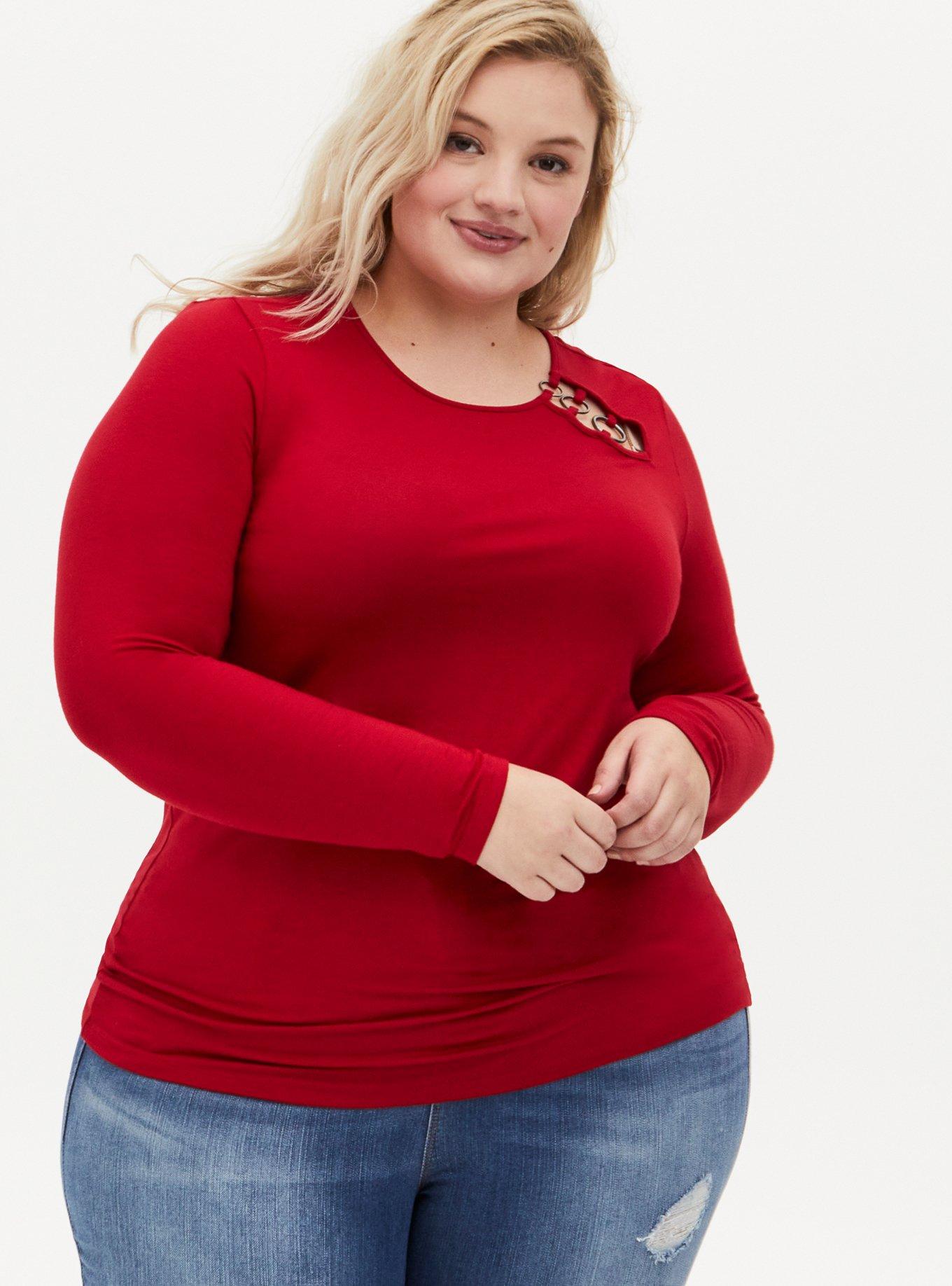 Plus Size Super Soft O-Ring Long Sleeve Top, JESTER RED, alternate