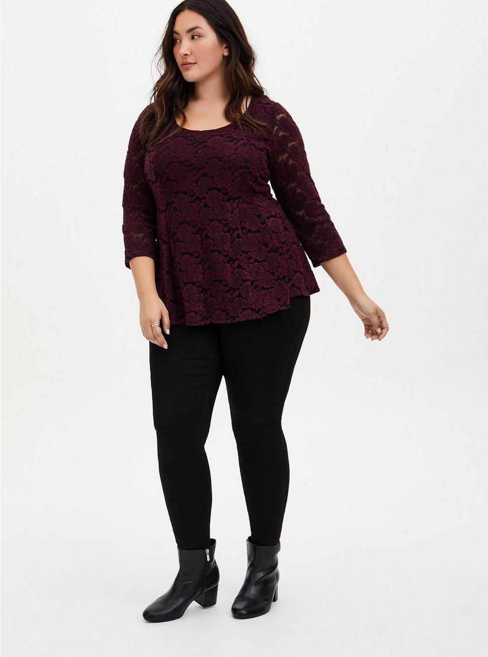 Plus Size - Burgundy Purple Flocked Hacci Lace Fit & Flare Plus Size - Burgundy Purple Flocked Hacci Lace Fit & Flare