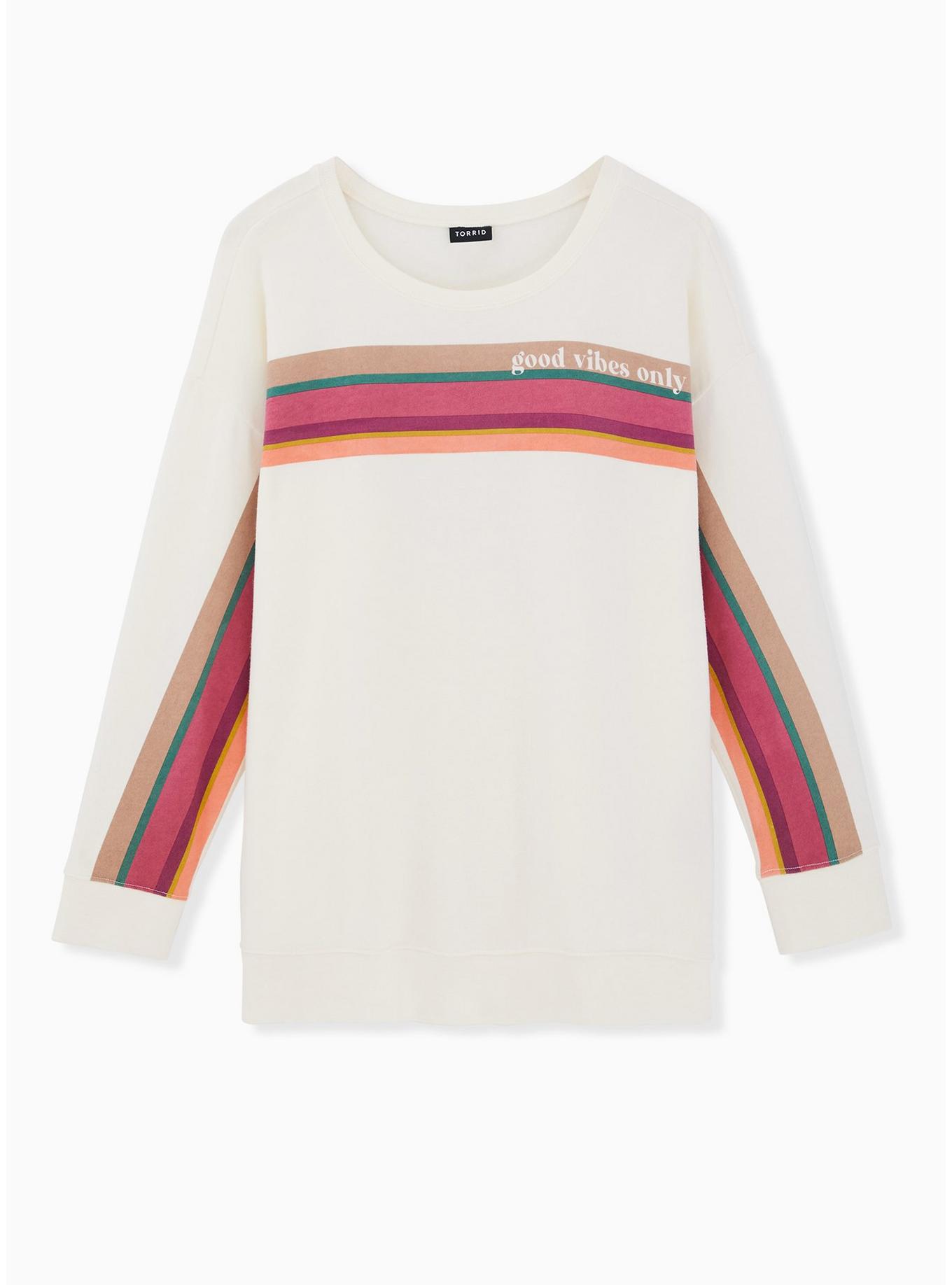 Plus Size - Good Vibes Only White & Multi Stripe Fleece Crew Sweatshirt ...