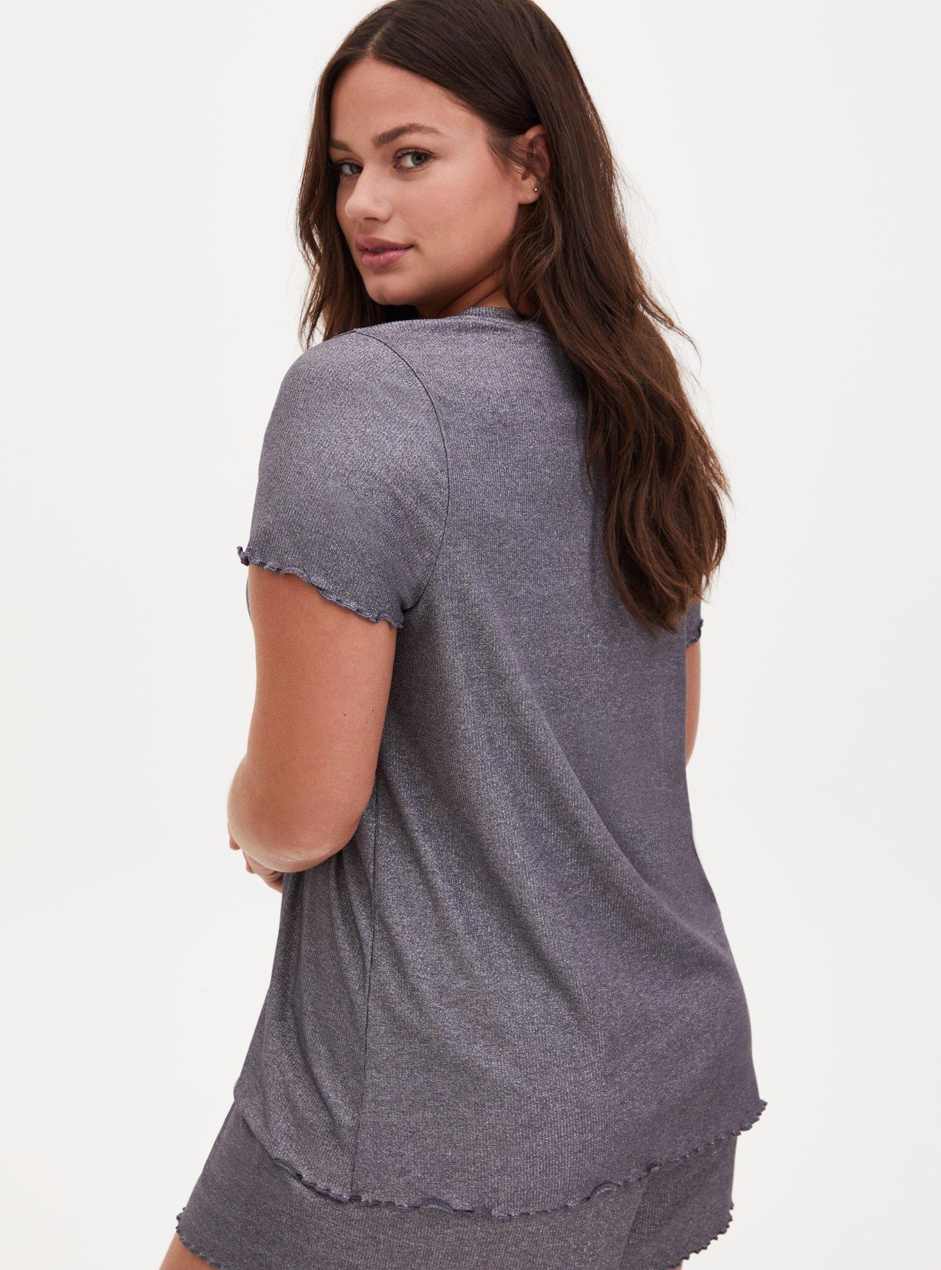 Plus Size Grey Metallic Lettuce Edge Rib Sleep Tee, GREY, alternate