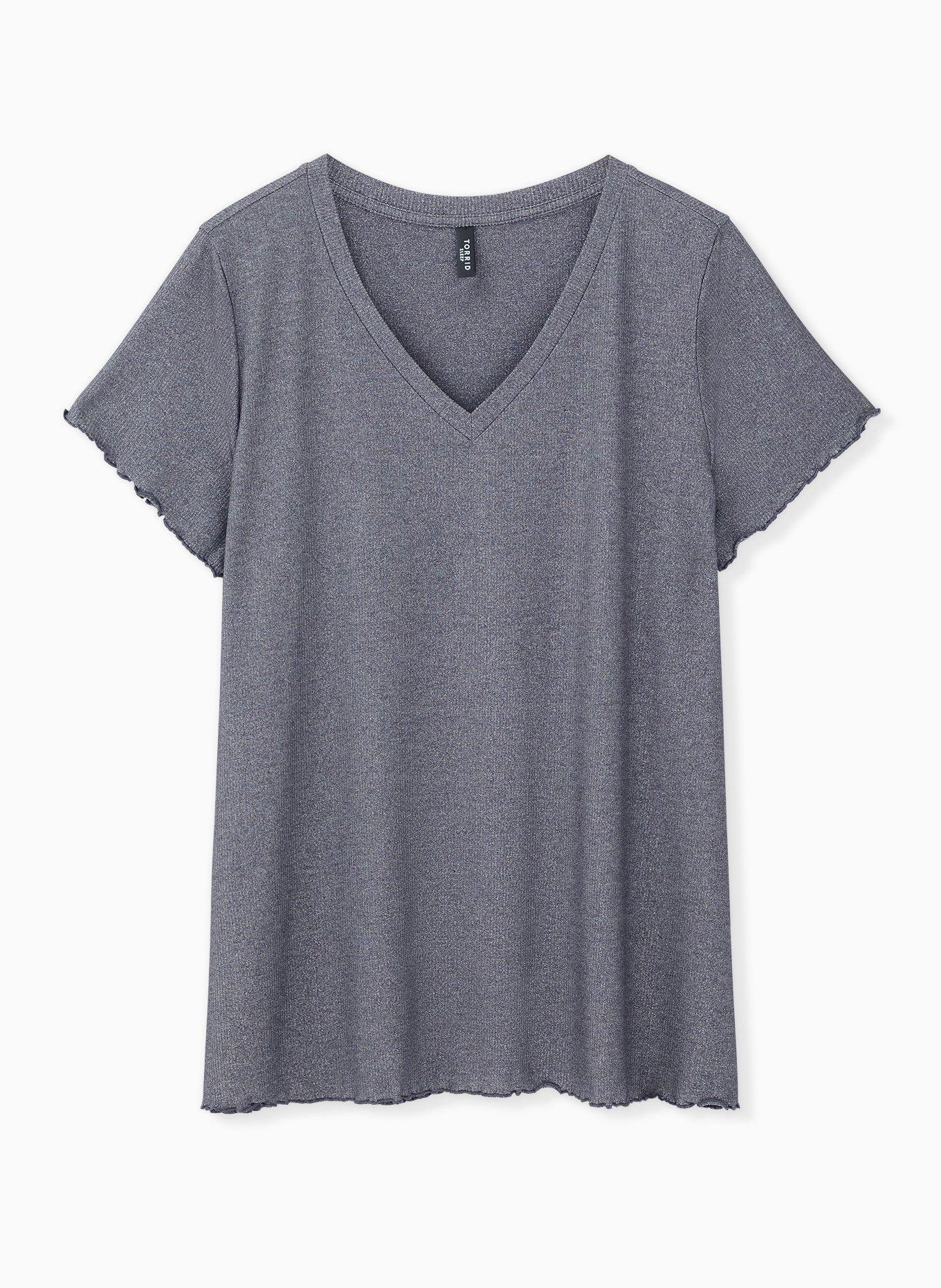 Plus Size Grey Metallic Lettuce Edge Rib Sleep Tee, GREY, hi-res