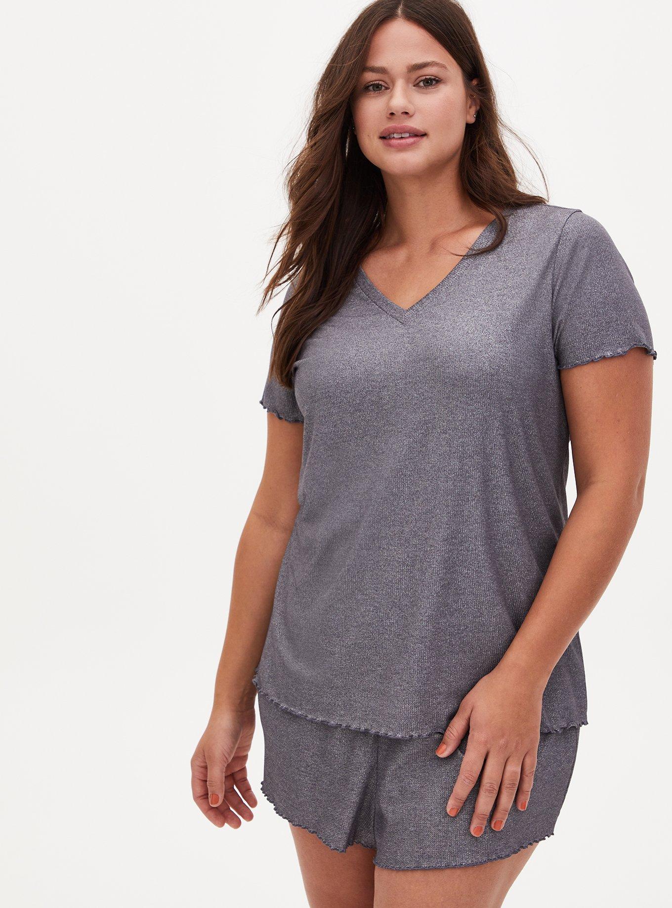Plus Size Grey Metallic Lettuce Edge Rib Sleep Tee, GREY, hi-res