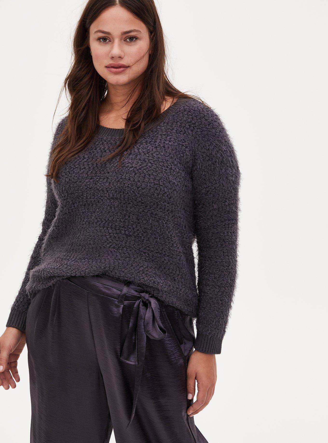 Popcorn Pullover Drop Shoulder Sweater, DARK GREY, hi-res