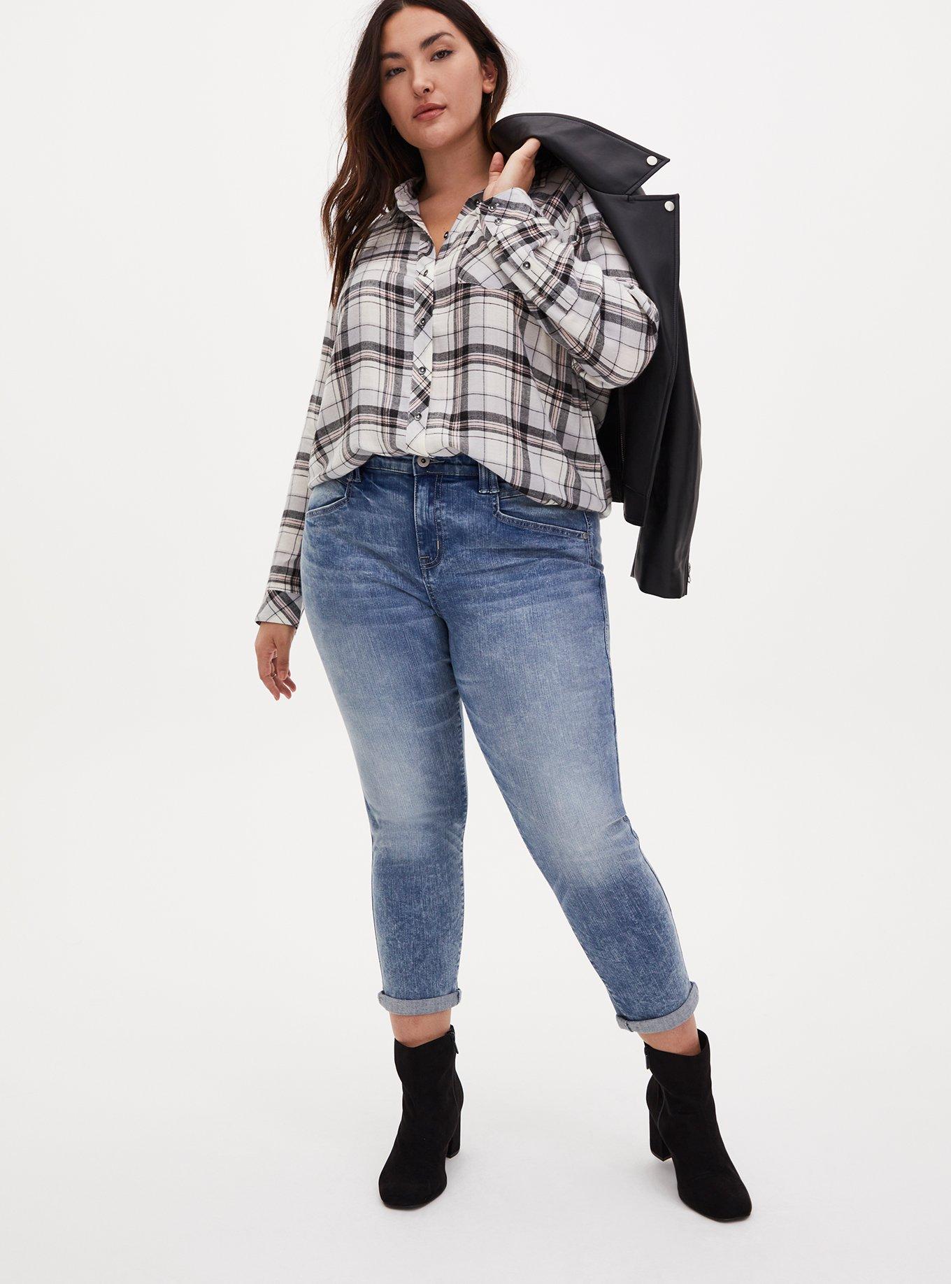 Relaxed Fit Brushed Rayon Button-Up Shirt, PLAID GREY, alternate
