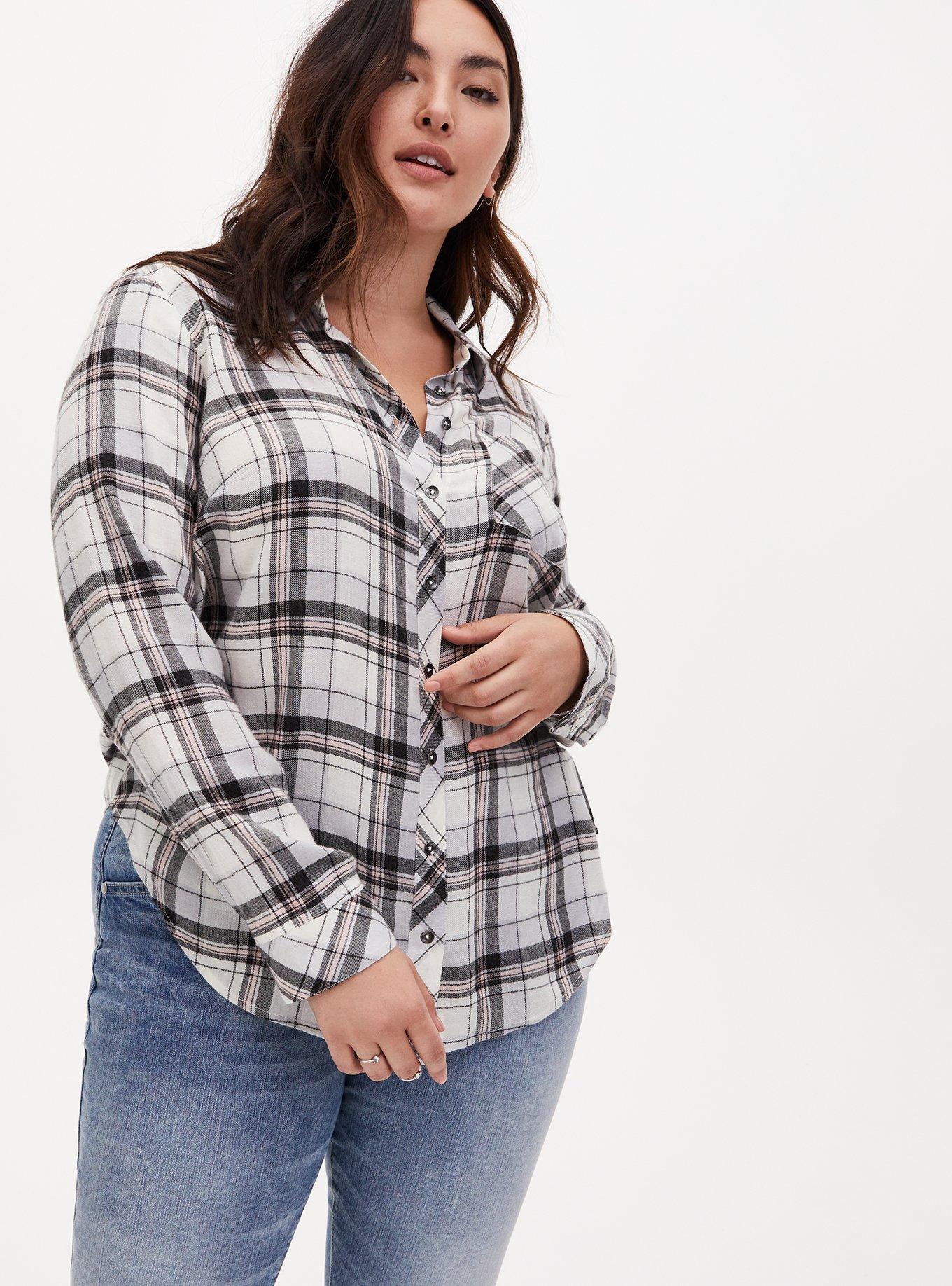 Relaxed Fit Brushed Rayon Button-Up Shirt, PLAID GREY, hi-res
