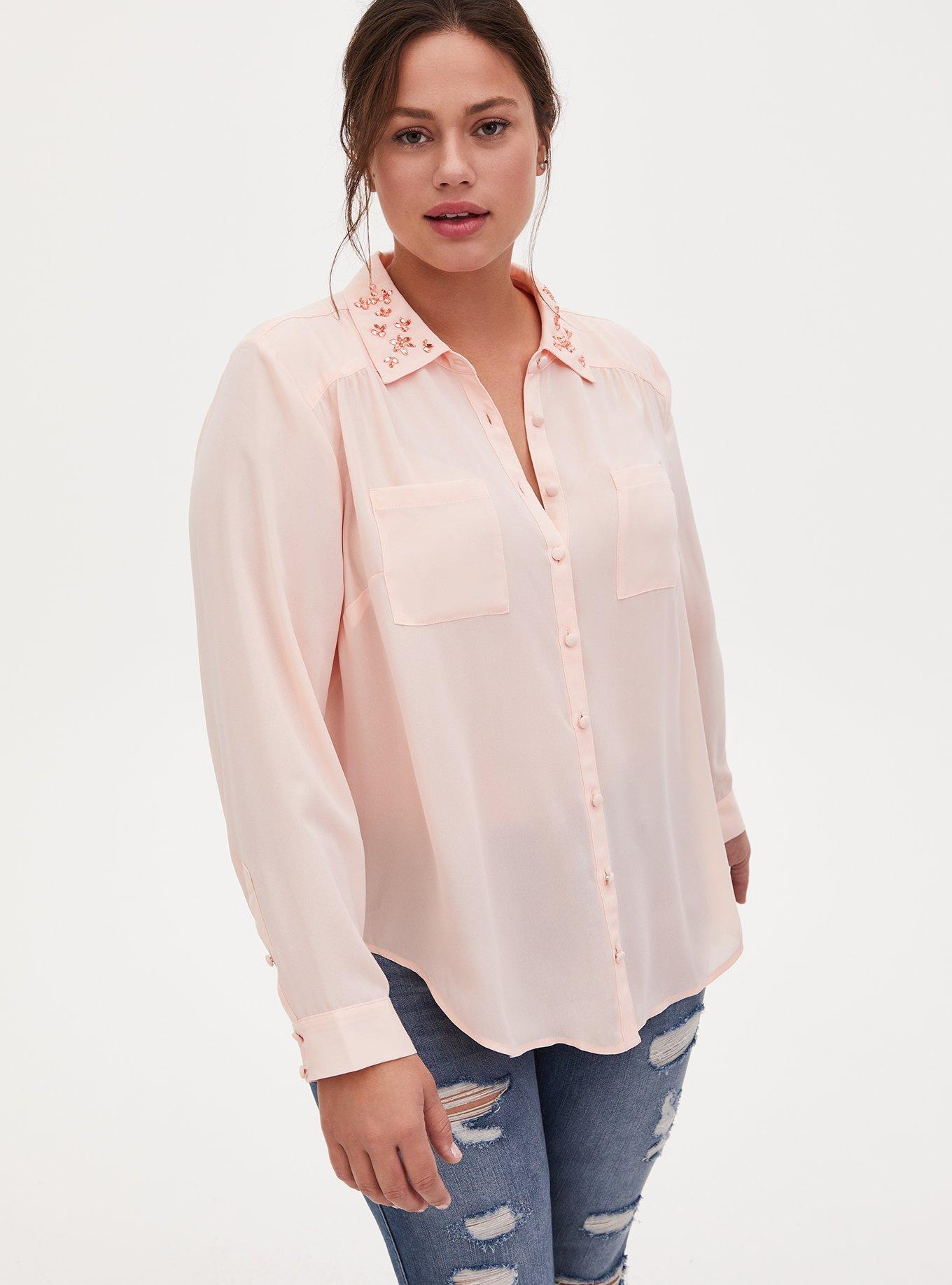 Plus Size - Madison - Light Pink Georgette Embellished Collar Button Front  Blouse - Torrid