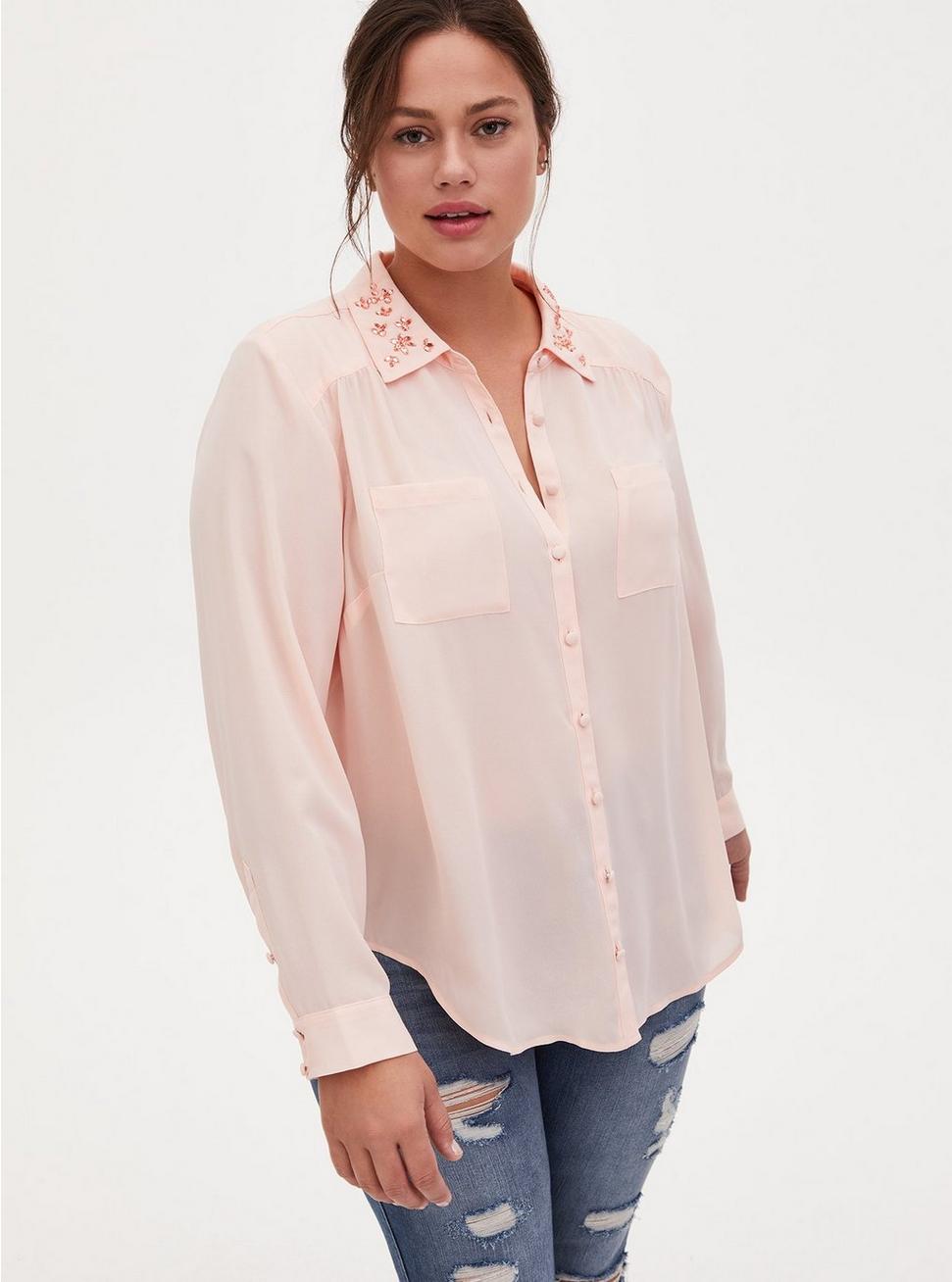 Madison - Light Pink Georgette Embellished Collar Button Front Blouse, PALE BLUSH, alternate