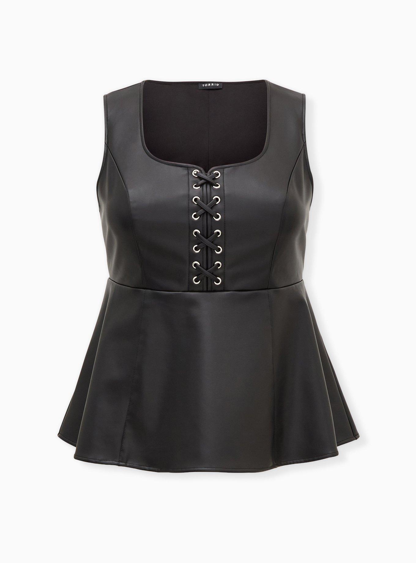 Plus Size - Black Faux Leather Lace-Up Peplum Top - Torrid