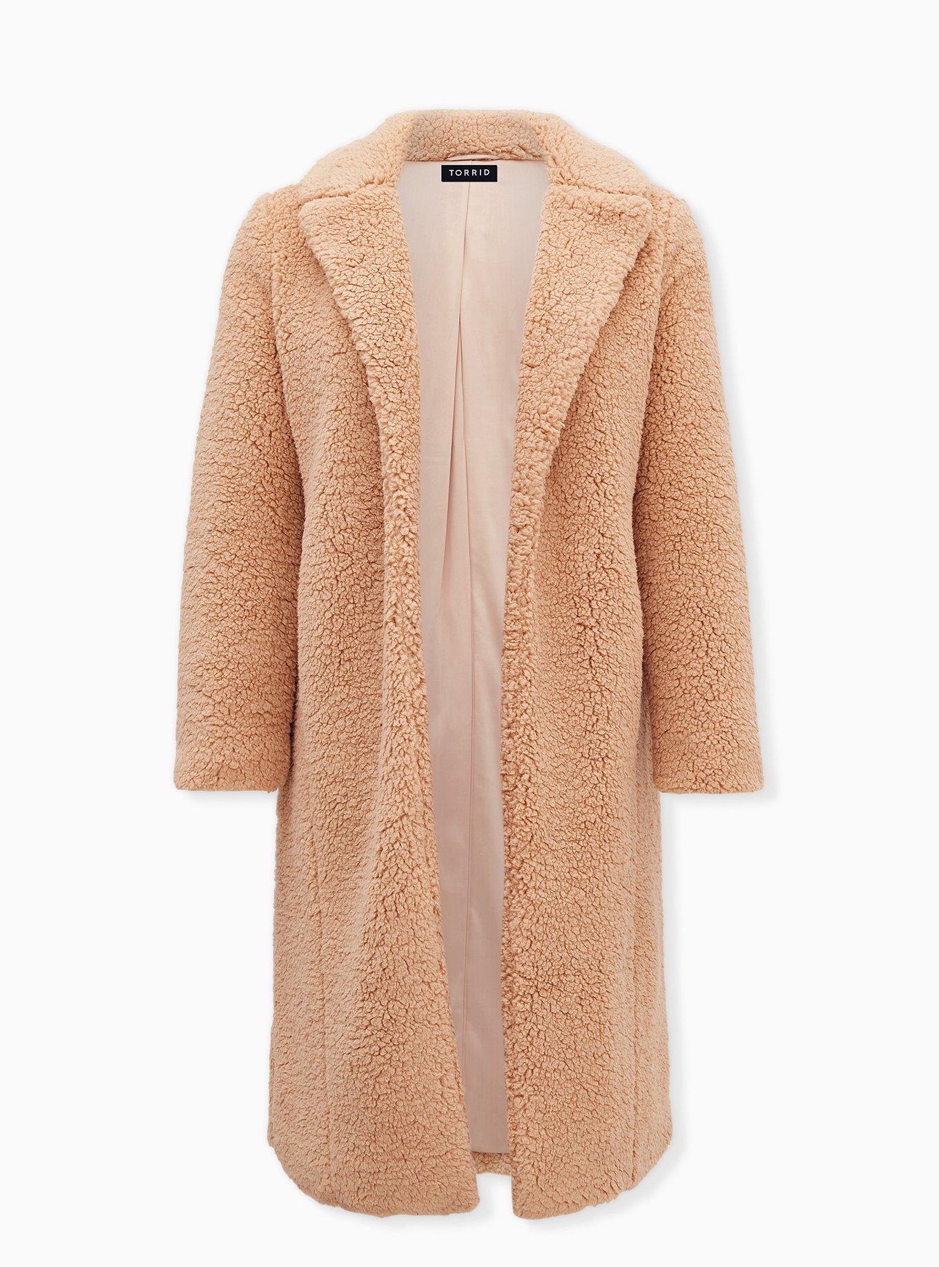 Plus Size - Beige Faux Fur Open Front Longline Teddy Coat - Torrid