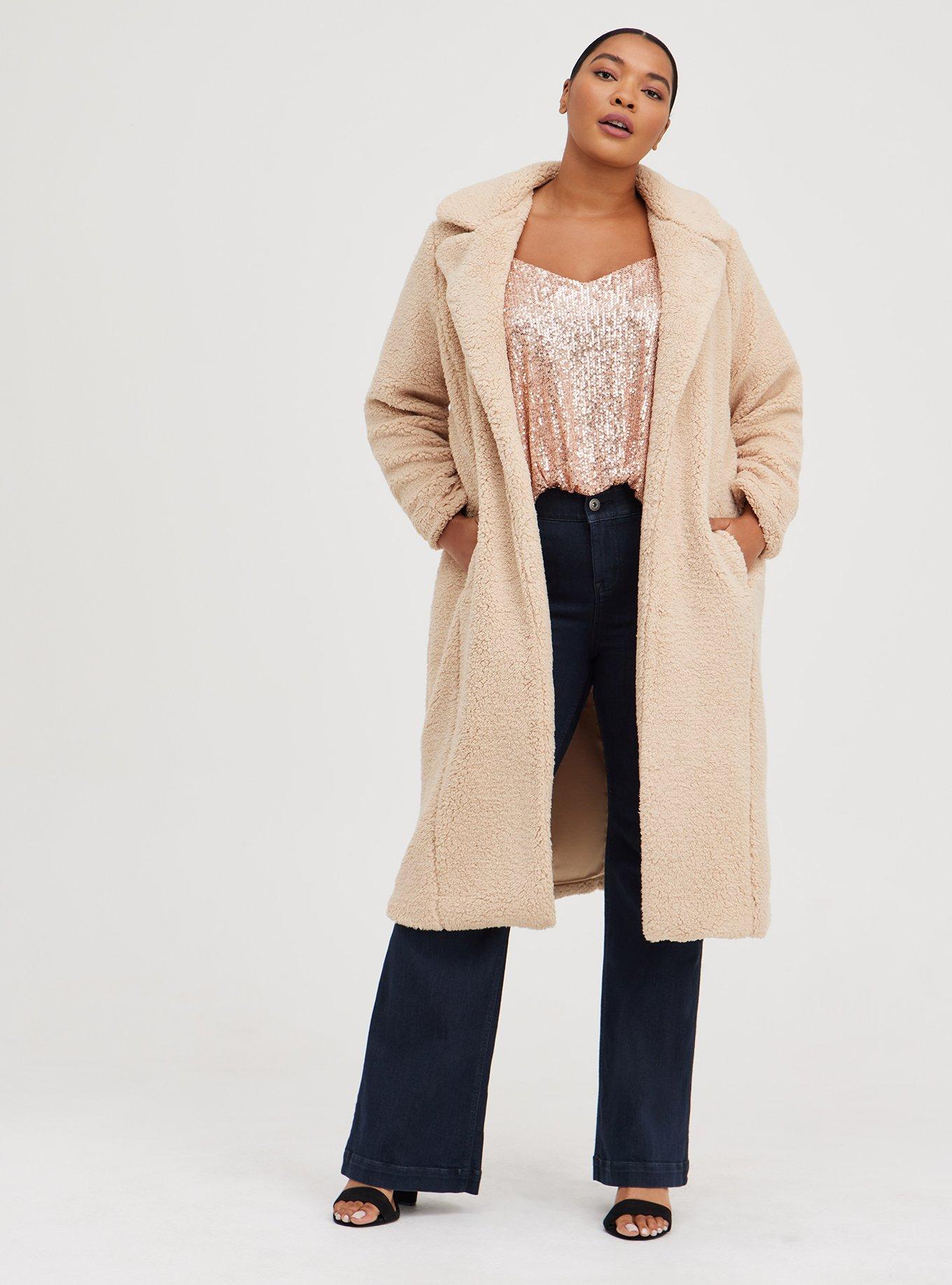 Plus Size - Beige Faux Fur Open Front Longline Teddy Coat - Torrid