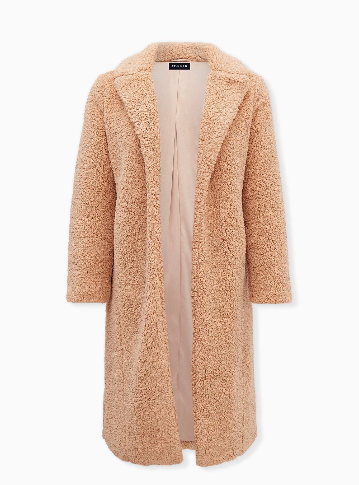 Beige Faux Fur Open Front Longline Teddy Coat, , hi-res