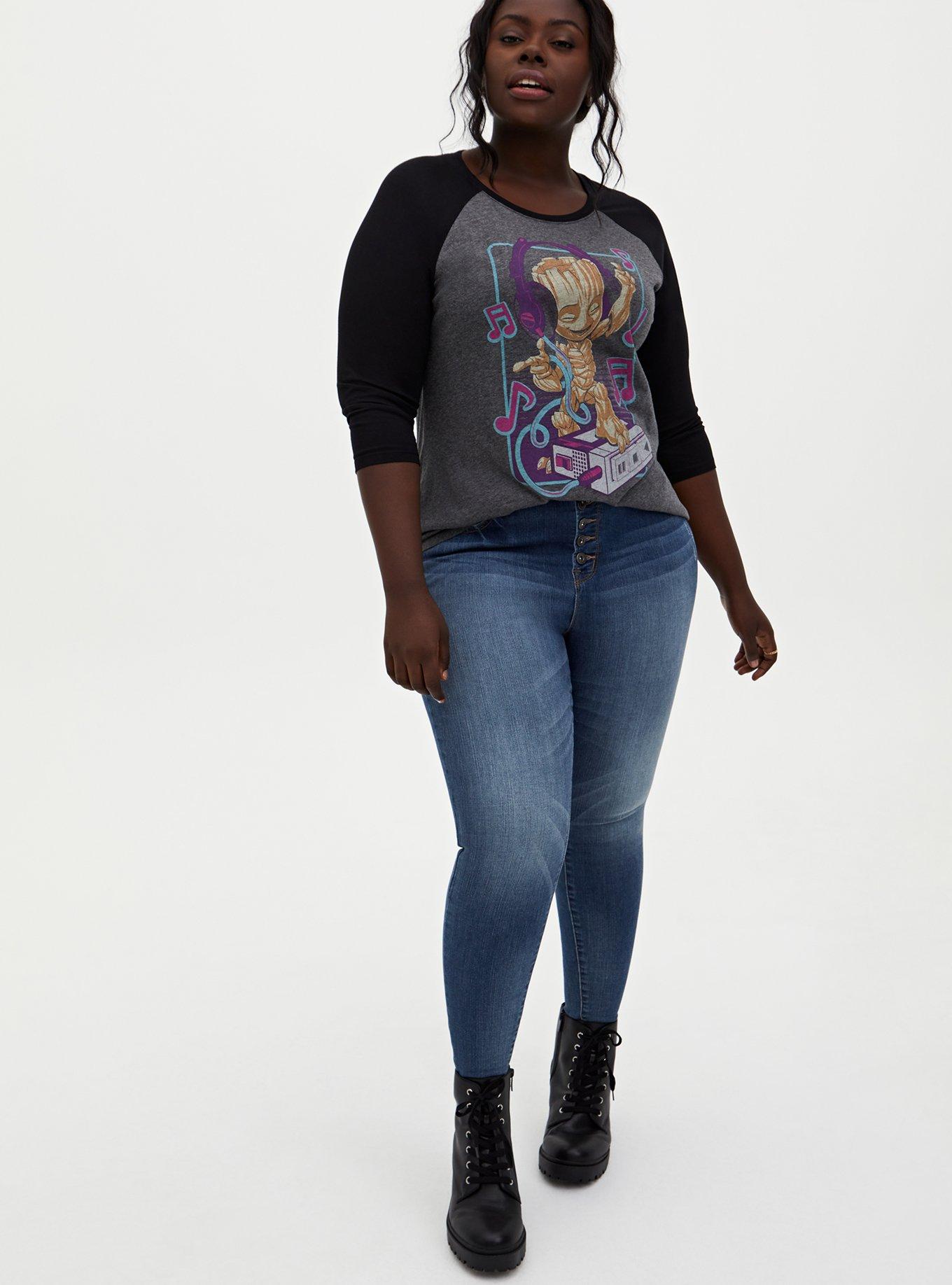 Plus Size Marvel Guardians Of The Galaxy Dancing Baby Groot Raglan Top, DEEP BLACK, alternate