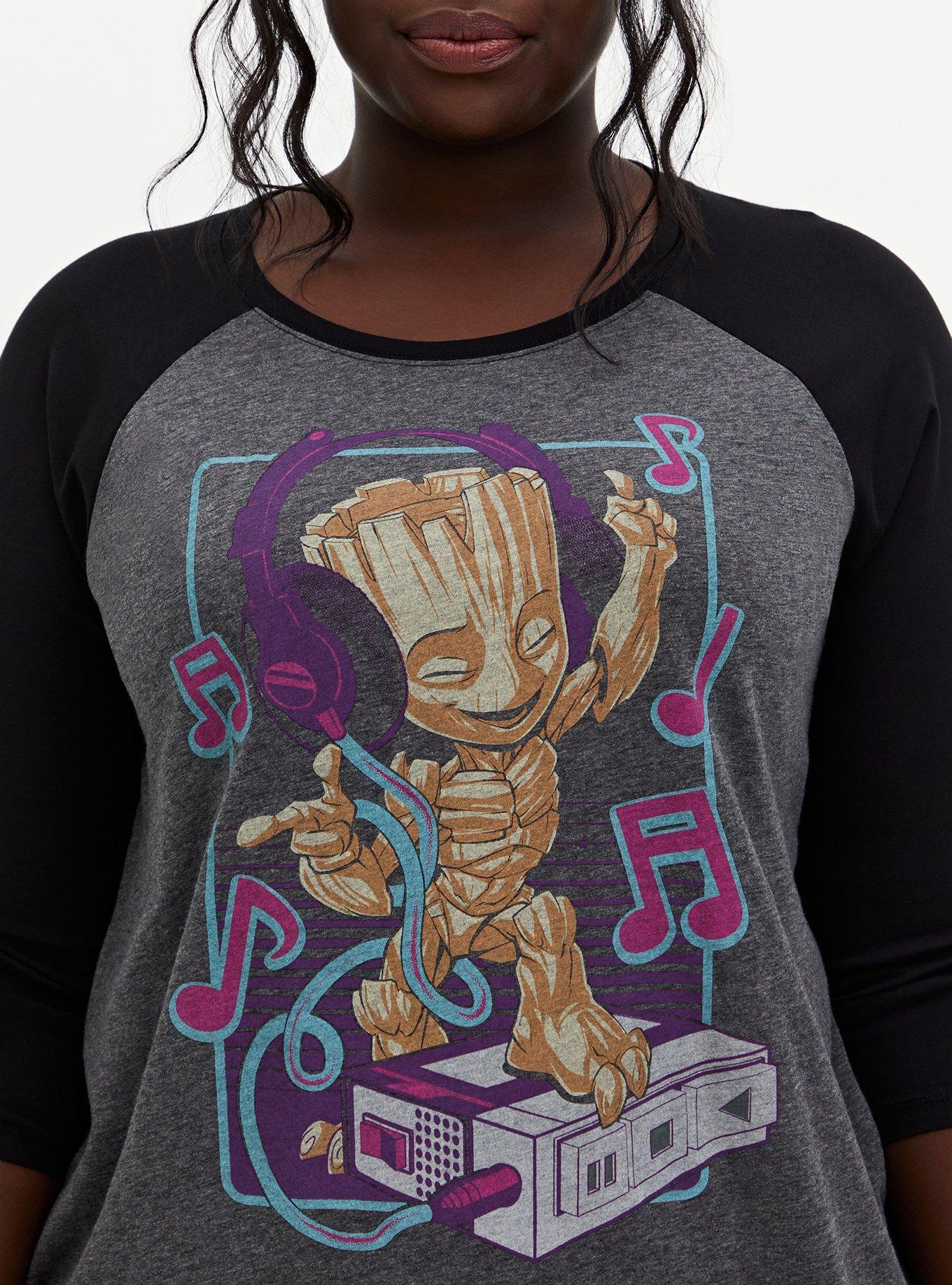 Plus Size Marvel Guardians Of The Galaxy Dancing Baby Groot Raglan Top, DEEP BLACK, alternate