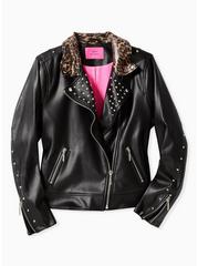 Betsey Johnson Black Faux Leather Leopard Trim Moto Jacket, DEEP BLACK, hi-res