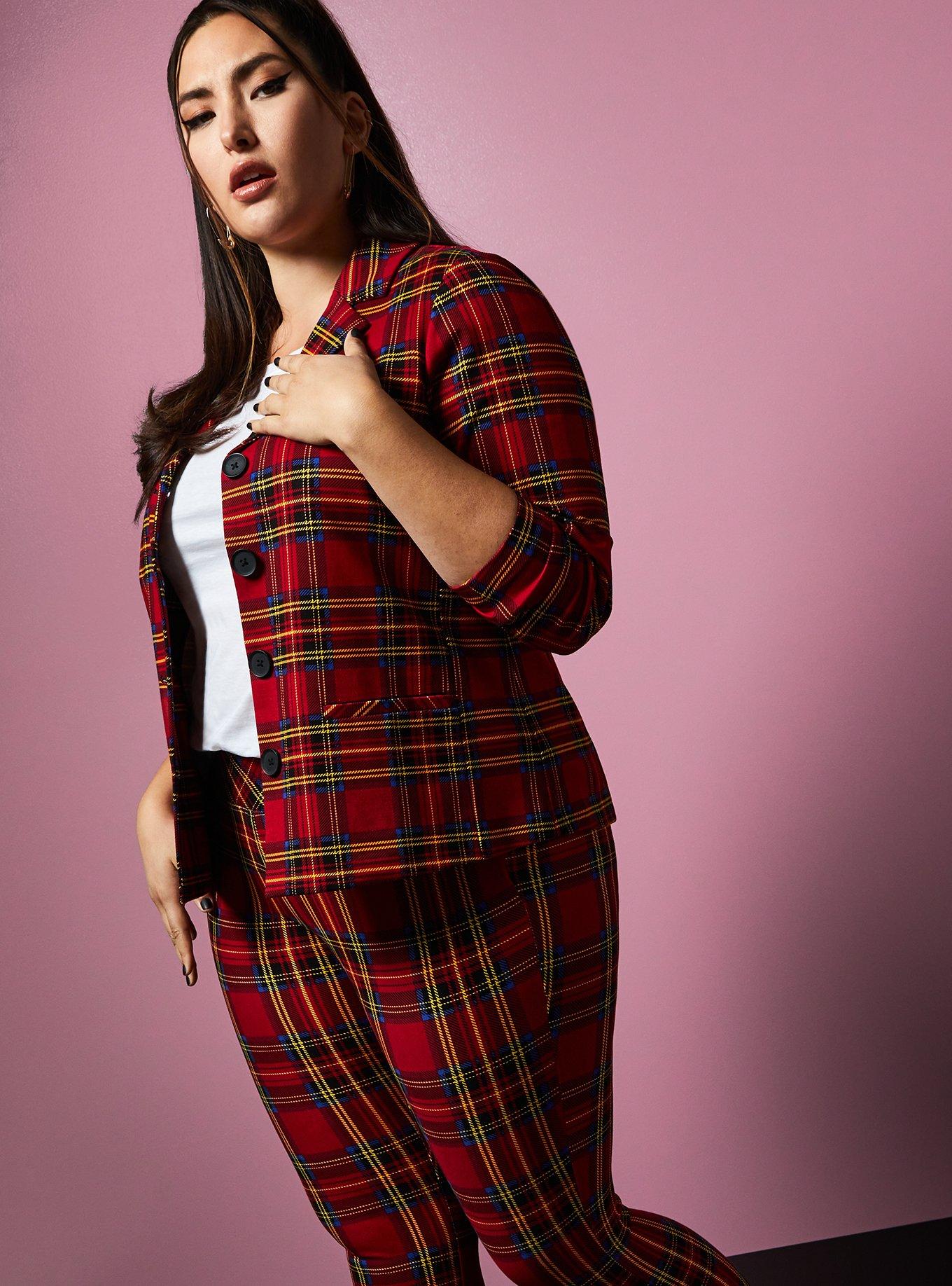 Plus Size Betsey Johnson Red Plaid Premium Ponte Blazer Torrid