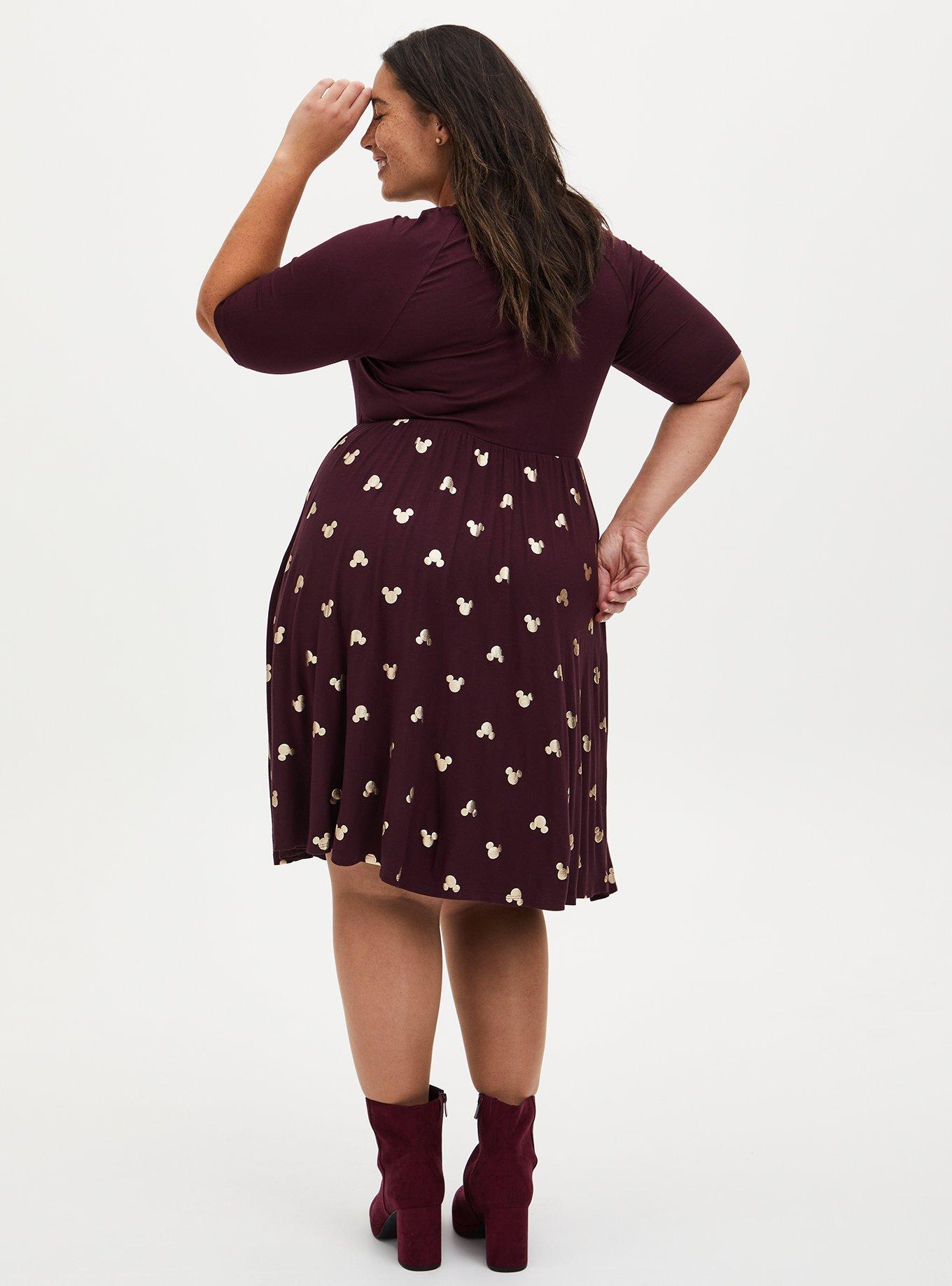 Plus Size Disney Mickey Mouse Gold & Burgundy Purple Jersey Skater Dress, WINETASTING, alternate