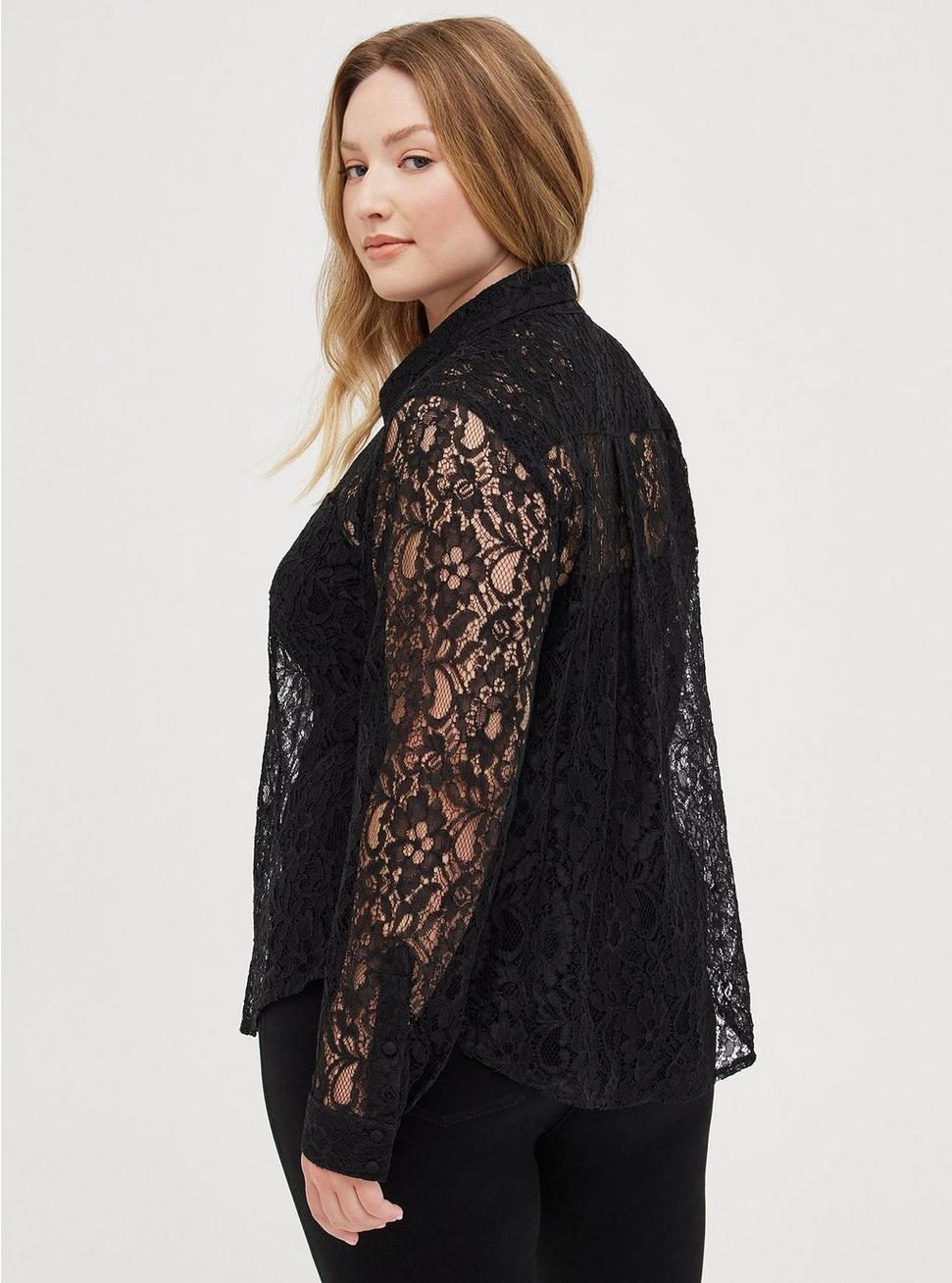 Plus Size Madison Lace Button-Up Long Sleeve Shirt, DEEP BLACK, alternate