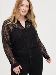 Plus Size Madison Lace Button-Up Long Sleeve Shirt, DEEP BLACK, hi-res