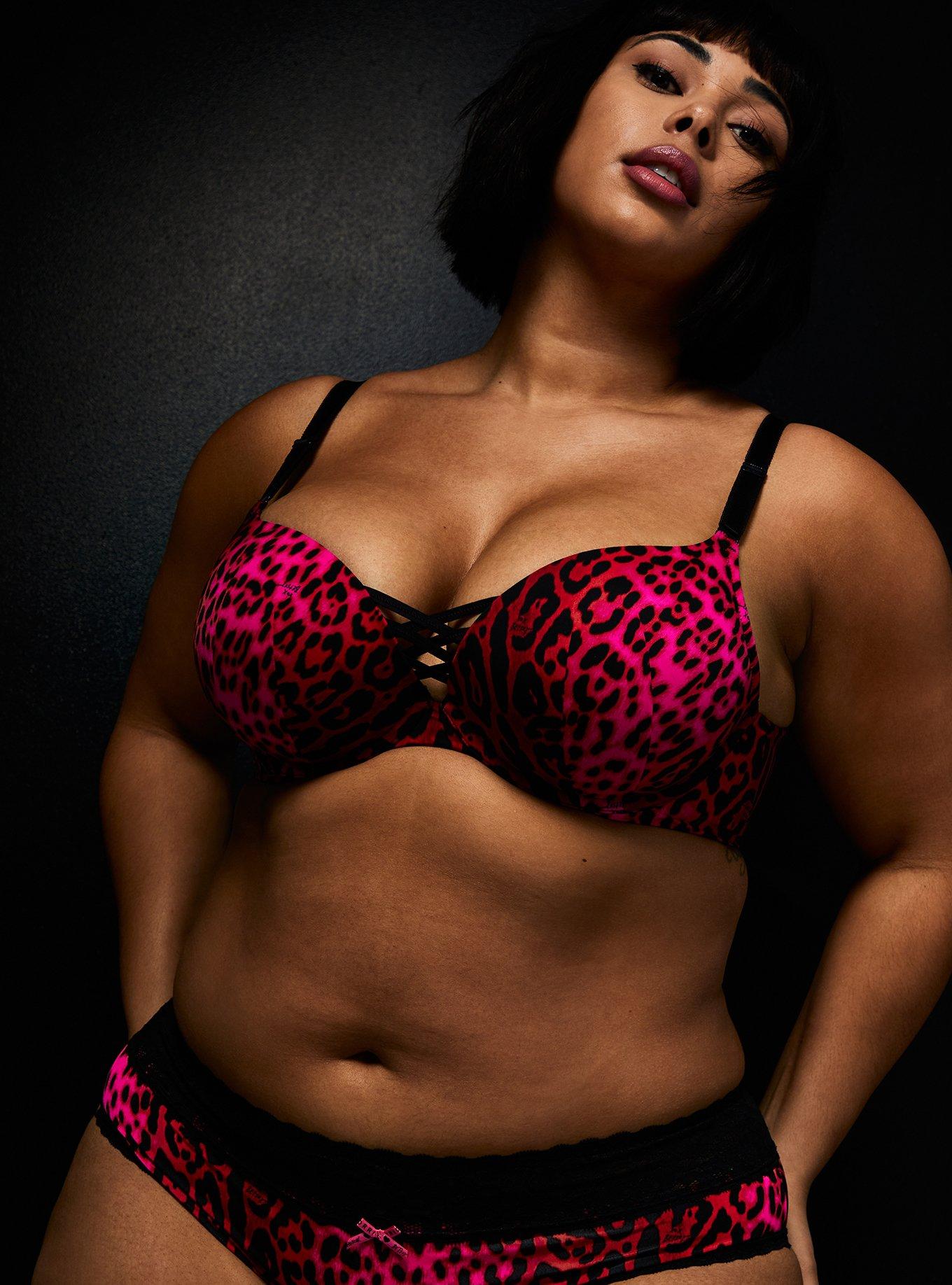 Betsey Johnson Hot Pink Leopard Satin 360&deg; Back Smoothing&trade; XO Push-Up Plunge Bra, , hi-res