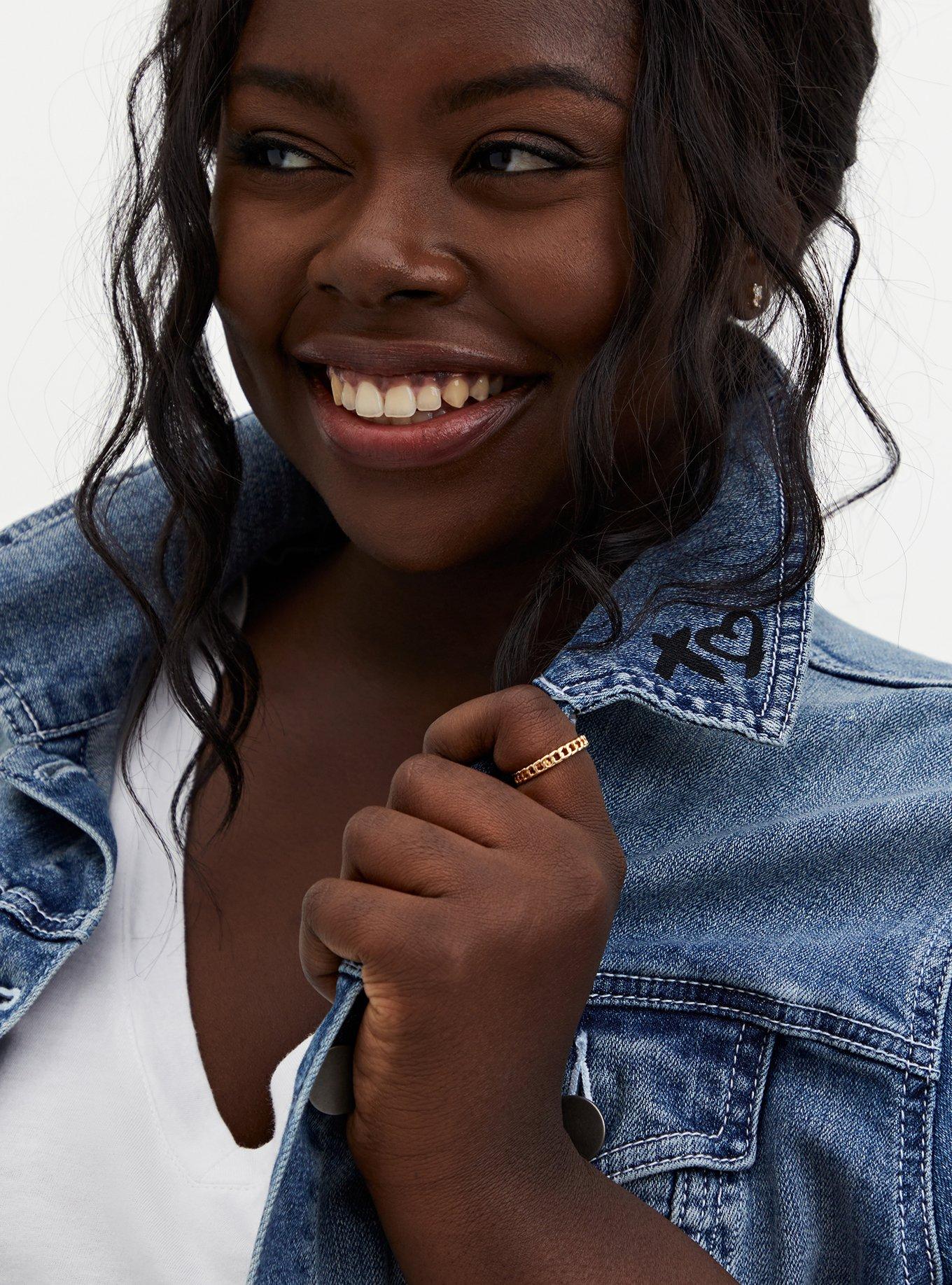 Barbie Peace Sign Denim Trucker Jacket - Medium Wash , MEDIUM WASH, alternate