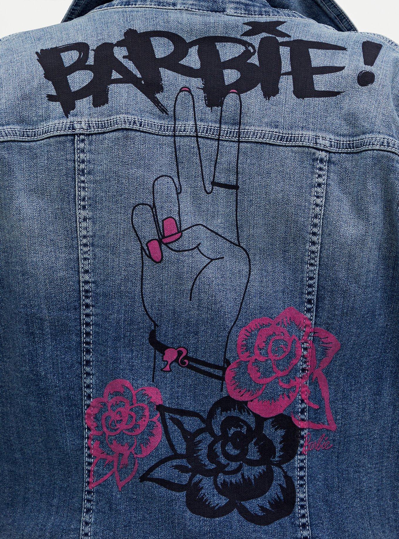 Barbie Peace Sign Denim Trucker Jacket - Medium Wash , MEDIUM WASH, alternate