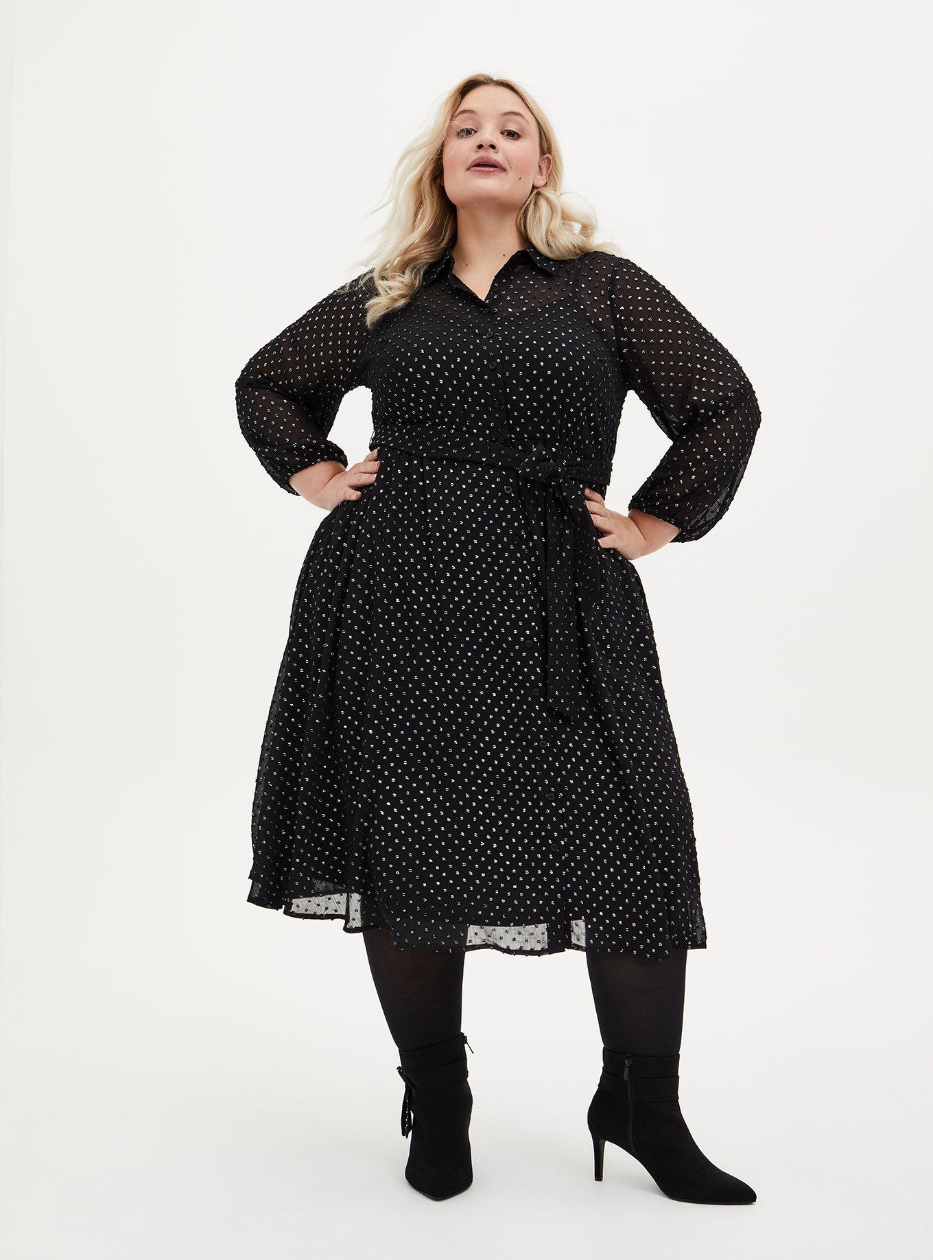 Plus Size - Black Shimmer Clip Dot Shirt Dress - Torrid