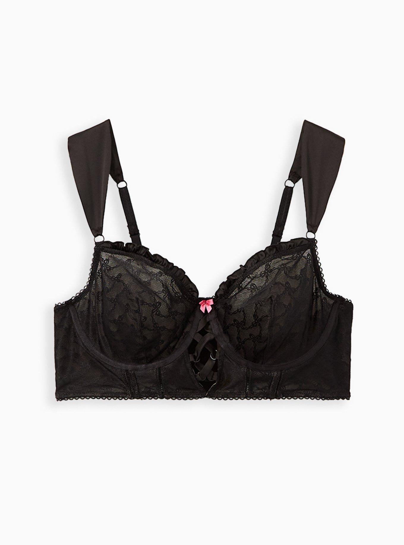 Plus Size Betsey Johnson Black Flocked Mesh Bows Lace-Up Underwire Bralette , , hi-res