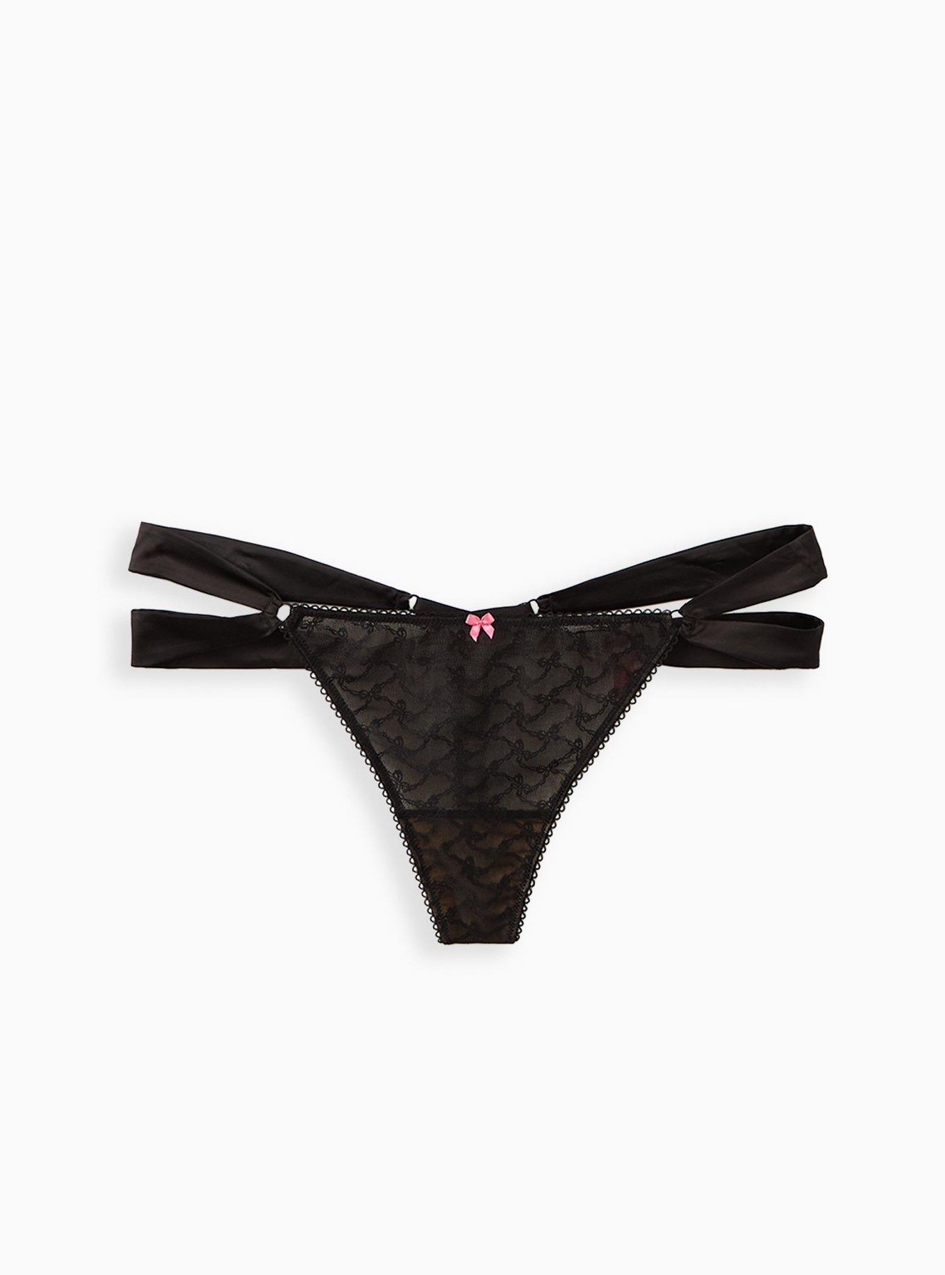 Betsey Johnson Black Bow Lace Thong Panty , , hi-res