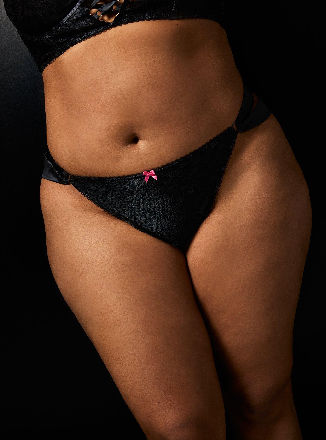 Betsey Johnson Black Bow Lace Thong Panty , , hi-res